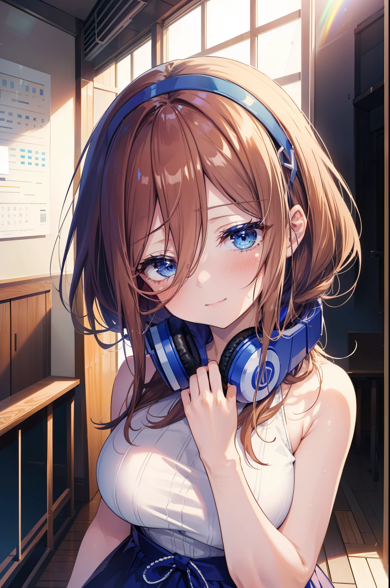 Miku Nakano, Miku Nakano, Long Hair, bangs, blue eyes, Brown Hair, Blue Hairband ,Hair between the eyes, Headphones around the neck,smile,blush,White Sleeveless Dress,Exposing shoulders,Bare arms,Long skirt,Cute Sandals,Daytime,sunny,happy smile, smile, Open your mouth,whole bodyがイラストに入るように,Looking up from bottom to top,rainbow,walking,
break outdoors, In town,ビル街
break looking at viewer,whole body,
break (masterpiece:1.2), highest quality, High resolution, unity 8k wallpaper, (shape:0.8), (Beautiful details:1.6), Highly detailed face, Perfect lighting, Extremely detailed CG, (Perfect hands, Perfect Anatomy),