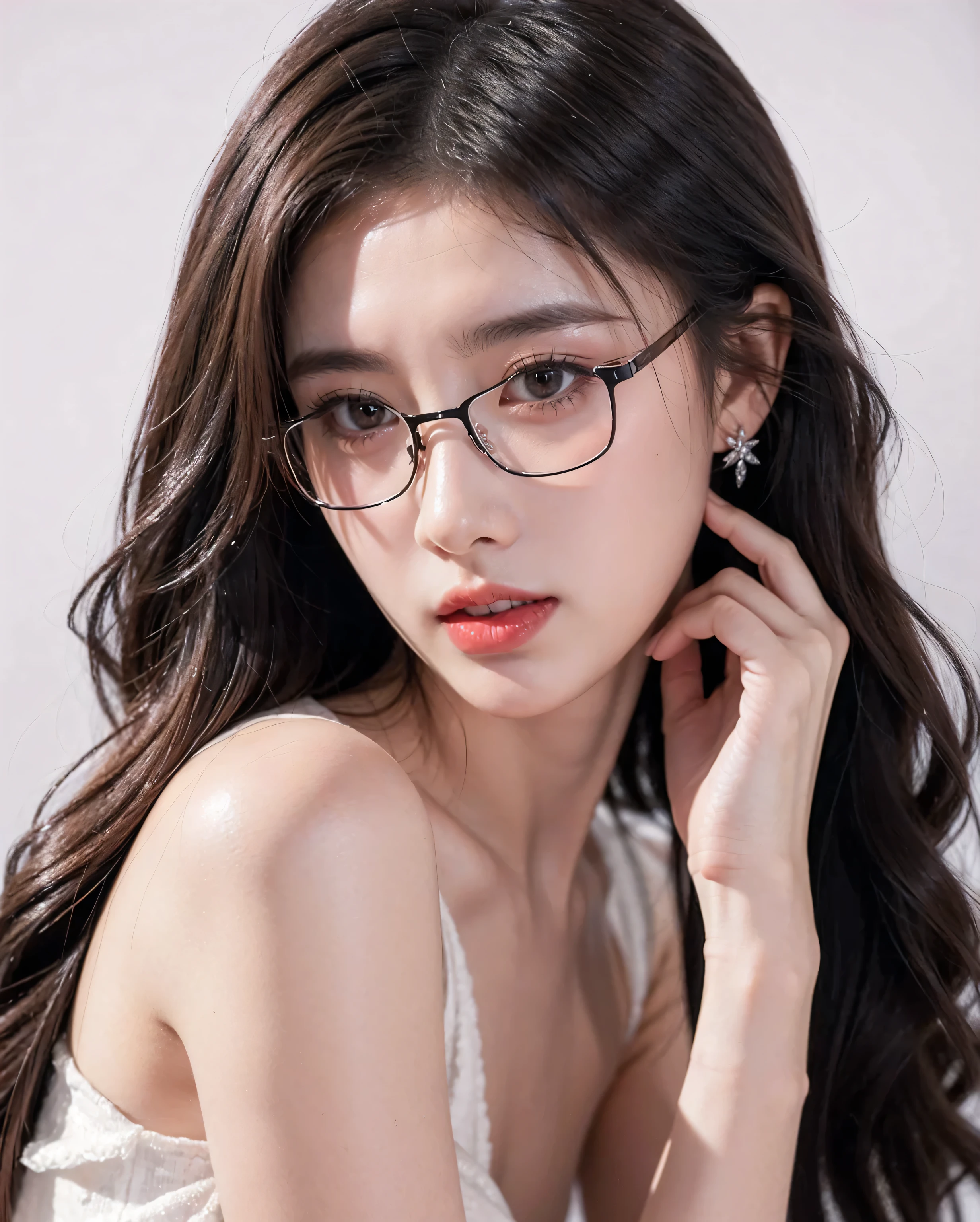 Top CG, Highest image quality, masterpiece, Gentle and beautiful girl, (185cm美女), (fit), Imperial sister, Queen temperament, White skin, ((Long legs)), perfect facial features, Bright Eyes, Seductive pose, Red lips, Beautiful and cold (A major breakthrough)), Beautiful and heroic, Soft and long hair, Glittering, Lace, net, Visible through clear skin, wear glasses, Diamond Earrings, Pink skirt), 8K Image Quality, (Realistic Portraits), Characters fill the screen, (Facial lighting), ((eternal)