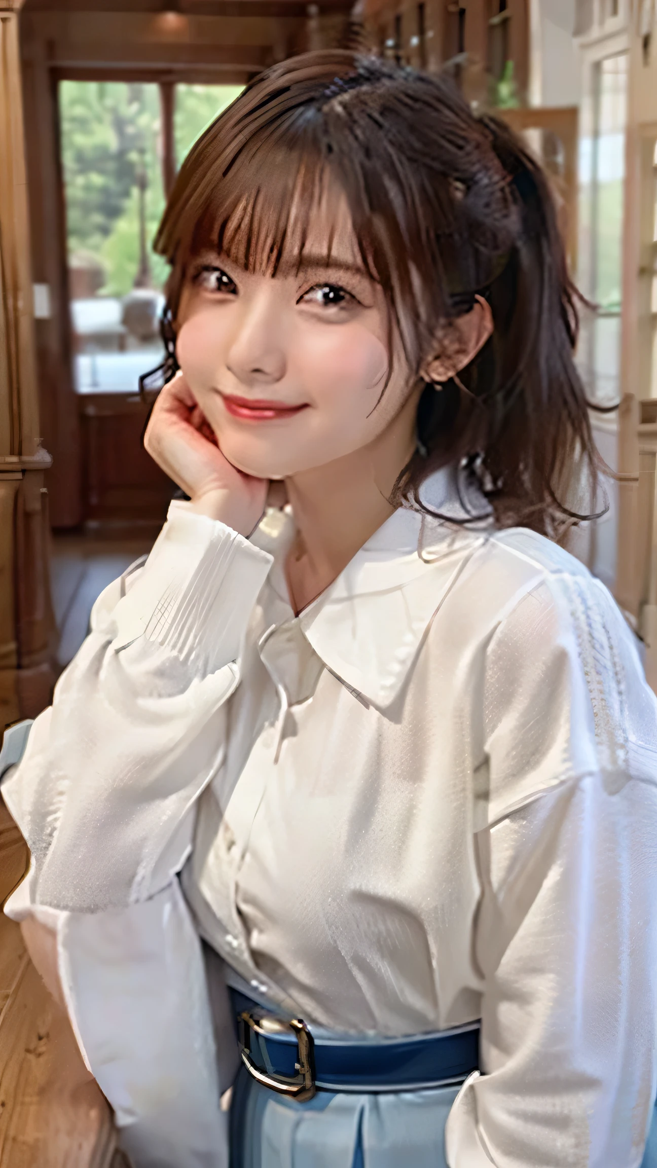 Tabletop, highest quality, figure, Very detailed, In detail, High resolution, 8k wallpaper, Perfect dynamic composition, Beautiful fine details, ponytail、OL,Women&#39;s Suits, Natural color lip, ,smile,20-year-old girl、cute、sexy shot looking at camera