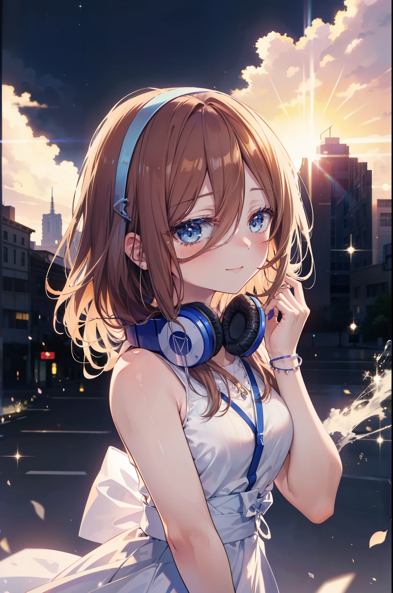 Miku Nakano, Miku Nakano, Long Hair, bangs, blue eyes, Brown Hair, Blue Hairband ,Hair between the eyes, Headphones around the neck,smile,blush,White Sleeveless Dress,Exposing shoulders,Bare arms,Long skirt,Cute Sandals,Daytime,sunny,happy smile, smile, Open your mouth,whole bodyがイラストに入るように,Looking up from bottom to top,rainbow,walking,
break outdoors, In town,ビル街
break looking at viewer,whole body,  
break (masterpiece:1.2), highest quality, High resolution, unity 8k wallpaper, (shape:0.8), (Beautiful details:1.6), Highly detailed face, Perfect lighting, Extremely detailed CG, (Perfect hands, Perfect Anatomy),