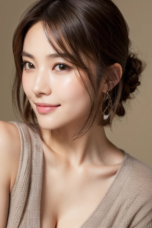 (masterpiece:1.3), (8k, Photorealistic, Raw photo, Best image quality: 1.4), 30s, Japanese women、(Random Hairstyles:1.2)、Cleavage:1.2、Super detailed face、Attention to detail、double eyelid、Put your chest together、Sharp focus:1.2、Beautiful woman:1.4、Light brown hair、highest quality、masterpiece、超A high resolution、(Photorealistic:1.4)、Highly detailed and professionally lit smile、Loose, lightweight knitwear、Shoulder out、thin、Sleepy look、Short-haired、Deadly position
