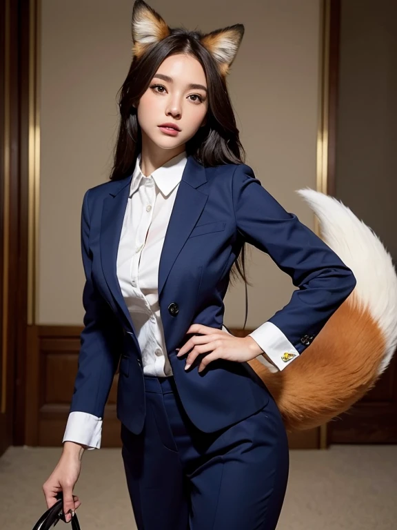 ((highest quality)), ((masterpiece)), (Get used to it), Perfect Face, Fox Girl, Beautiful woman, public, It has a tail, She has a fox's tail, She wags her tail, Troubled face, Collars and Leads, She is wearing a business suit, Beautiful Hips, Big tail, A fox's tail protruding from a business suit