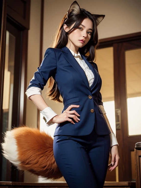 ((highest quality)), ((masterpiece)), (Get used to it), Perfect Face, Fox Girl, Beautiful woman, public, It has a tail, She has a fox&#39;s tail, She wags her tail, Troubled face, Collars and Leads, She is wearing a business suit, Beautiful Hips, Big tail, A fox&#39;s tail protruding from a business suit