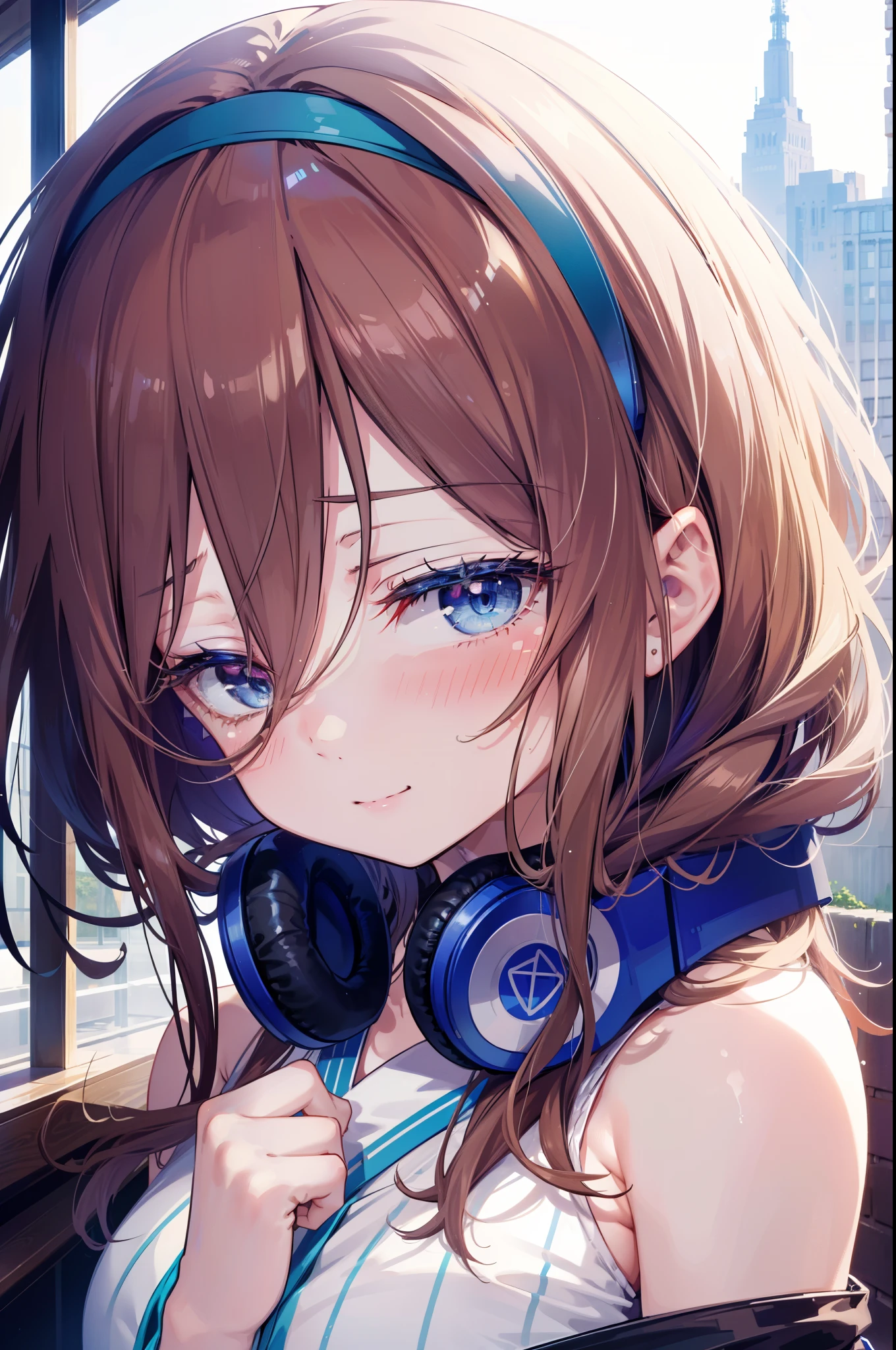 Miku Nakano, Miku Nakano, Long Hair, bangs, blue eyes, Brown Hair, Blue Hairband ,Hair between the eyes, Headphones around the neck,smile,blush,White Sleeveless Dress,Exposing shoulders,Bare arms,Long skirt,Cute Sandals,Daytime,sunny,happy smile, smile, Open your mouth,whole bodyがイラストに入るように,Looking up from bottom to top,rainbow,walking,
break outdoors, In town,ビル街
break looking at viewer,whole body,  
break (masterpiece:1.2), highest quality, High resolution, unity 8k wallpaper, (shape:0.8), (Beautiful details:1.6), Highly detailed face, Perfect lighting, Extremely detailed CG, (Perfect hands, Perfect Anatomy),