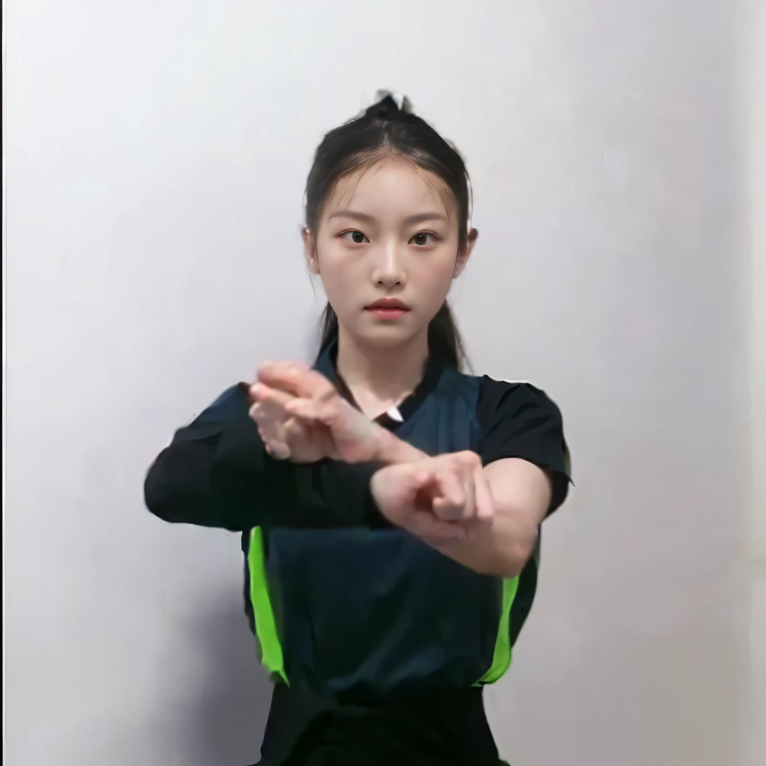 arafed woman in a black shirt and green vest doing a karate pose, in the style of sifu 🔥 😎 🕹️ 👀 :2, fighting stance, insectile forearms folded, arms extended, wenfei ye, xision wu, chinese ribbon dance, waist reaching ponytail, armfold pose!, fighting posture, perfect dynamic posture, yun ling, fighting pose
