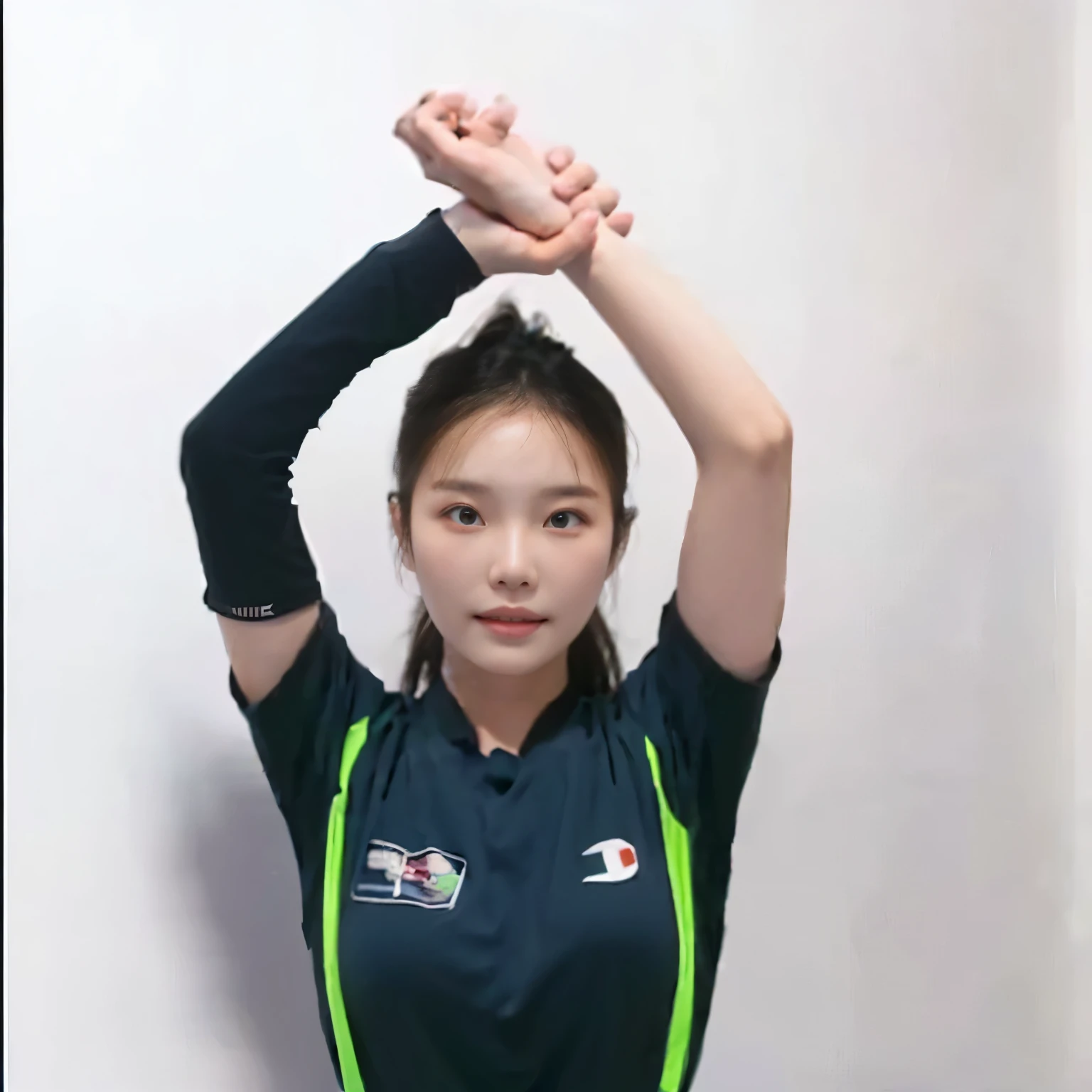 arafed woman in a blue shirt holding a tennis racket, jiyun chae, shin min jeong, arms extended, 2 arms and 2 legs, lee ji-eun, lee ji - eun, korean woman, hands behind her body pose!, 2 arms, jung gi kim, heonhwa choe, sun yunjoo, with arms up, park ji-min