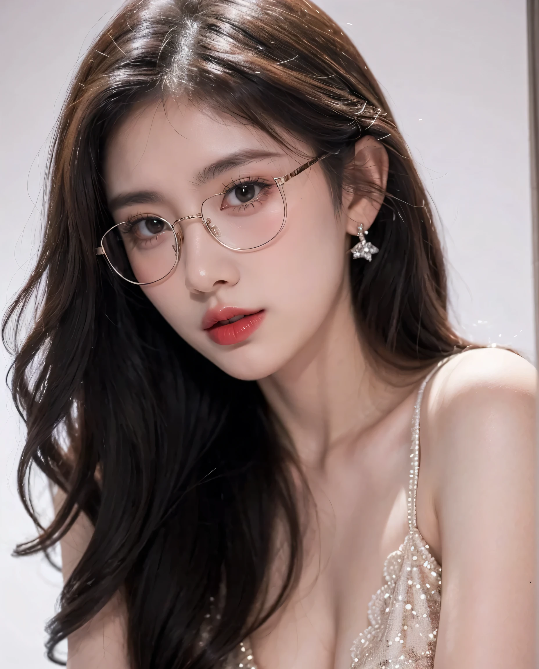 Top CG, Highest image quality, masterpiece, Gentle and beautiful girl, (185cm美女), (fit), Imperial sister, Queen temperament, White skin, ((Long legs)), perfect facial features, Bright Eyes, Seductive pose, Red lips, Beautiful and cold (A major breakthrough)), Beautiful and heroic, Soft and long hair, Glittering, Lace, net, Visible through clear skin, wear glasses, Diamond Earrings, Pink skirt), 8K Image Quality, (Realistic Portraits), Characters fill the screen, (Facial lighting), ((eternal)