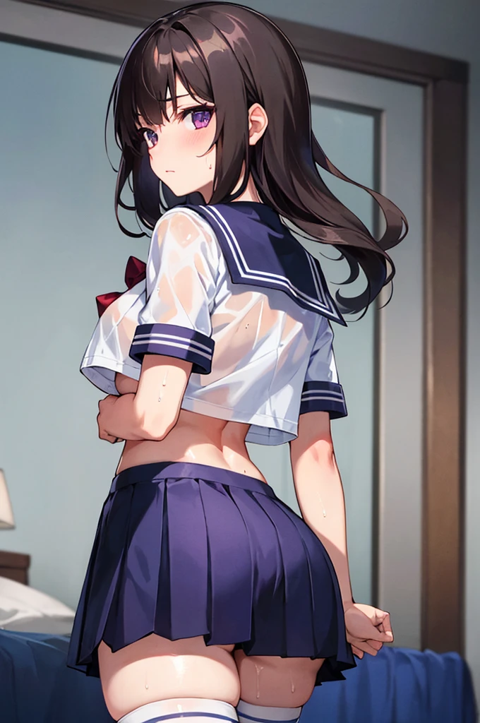  best quality,8k,ultra high res,cowboy shot,from behind,from back,soft light,standing,1woman ,mature female,solo, college uniform,sailor collar,arms at sides,white thighhighs,crop top,underboob,shirt lift,blue skirt,pleated skirt,short sleeves,white shirt,red bowtie,closed mouth,see through,the background is in the primitive forest,(looking at viewer:1.2),lora: stylea1:0.75, {dark brown hair, long hair, blown hair, [[large breasts]], medium breasts, purple eyes}, wet, {sweat} , bedroom
