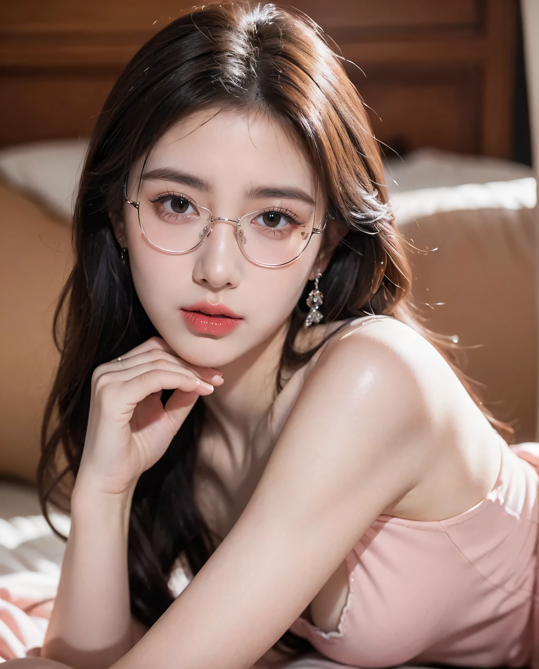 Top CG, Highest image quality, masterpiece, Gentle and beautiful girl, (185cm美女), (fit), Imperial sister, Queen temperament, White skin, ((Long legs)), perfect facial features, Bright Eyes, Seductive pose, Red lips, Beautiful and cold (A major breakthrough)), Beautiful and heroic, Soft and long hair, Glittering, Lace, net, Visible through clear skin, wear glasses, Diamond Earrings, Pink skirt), 8K Image Quality, (Realistic Portraits), Characters fill the screen, (Facial lighting), ((eternal)