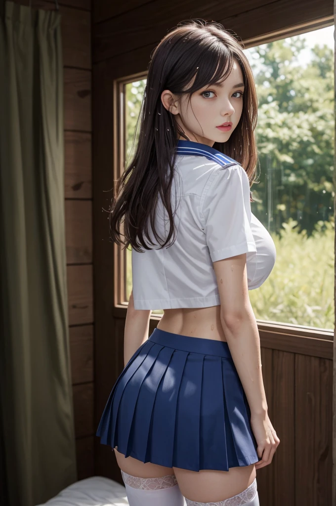  best quality,8k,ultra high res,cowboy shot,from behind,from back,soft light,standing,1woman ,mature female,solo, college uniform,sailor collar,arms at sides,white thighhighs,crop top,underboob,shirt lift,blue skirt,pleated skirt,short sleeves,white shirt,red bowtie,closed mouth,see through,the background is in the primitive forest,(looking at viewer:1.2),lora: stylea1:0.75, {dark brown hair, long hair, blown hair, [[large breasts]], medium breasts, purple eyes}, wet, {sweat} , bedroom