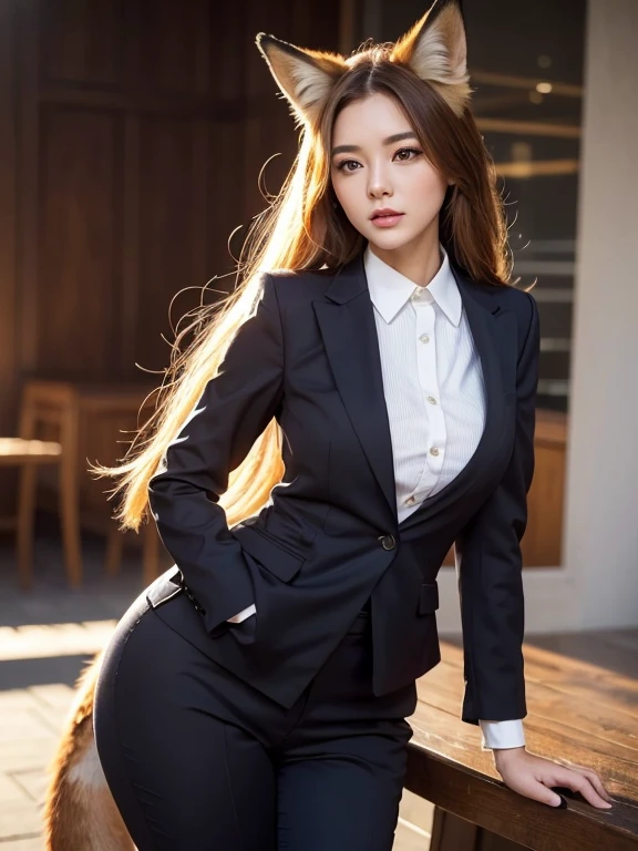 ((highest quality)), ((masterpiece)), (Get used to it), Perfect Face, Fox Girl, Beautiful woman, public, It has a tail, She has a fox's tail, She wags her tail, Troubled face, Collars and Leads, She is wearing a business suit, Beautiful Hips, Big tail, A fox's tail protruding from a business suit