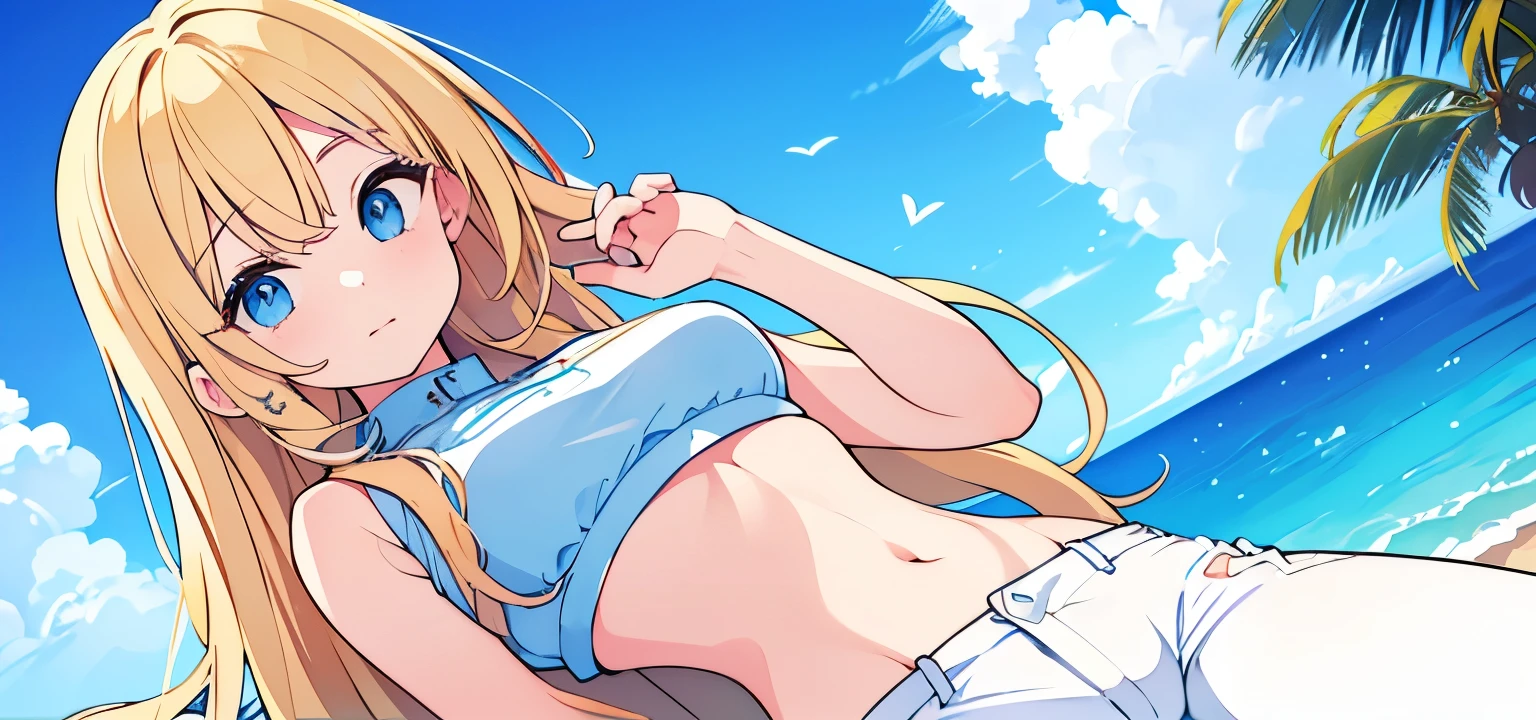 blonde hair,blue eyes,(high quality eyes),masterpiece, best quality, high quality, highres, outdoors, looking at viewer, light blue shirt, crop top, midriff, navel, white pants, Jenny, tall female, portrait