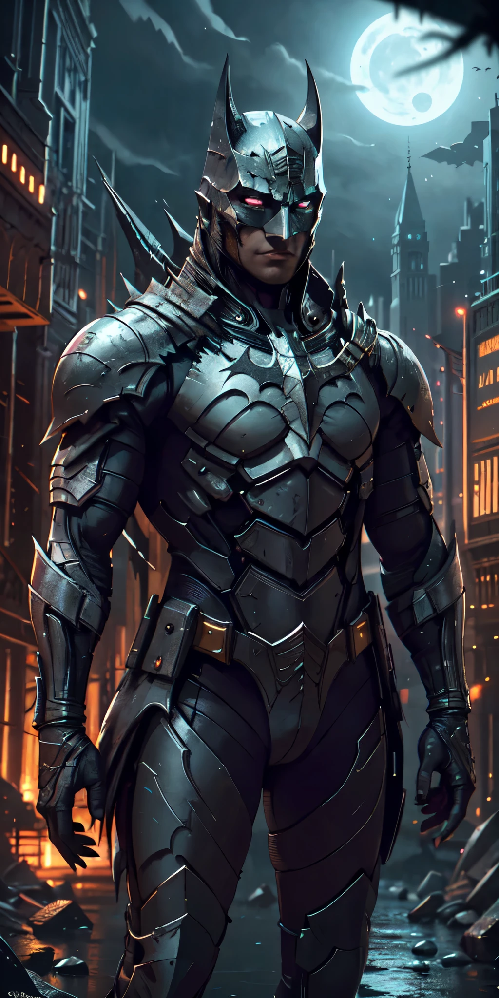 Batman from the dark knight stands imposing in a gothic lost city. Moonlight highlights your muscles and scars. The scenery is lush and mysterious, with futuristic tech and surroundings. The camera details everything, a warrior woman, in front of him.