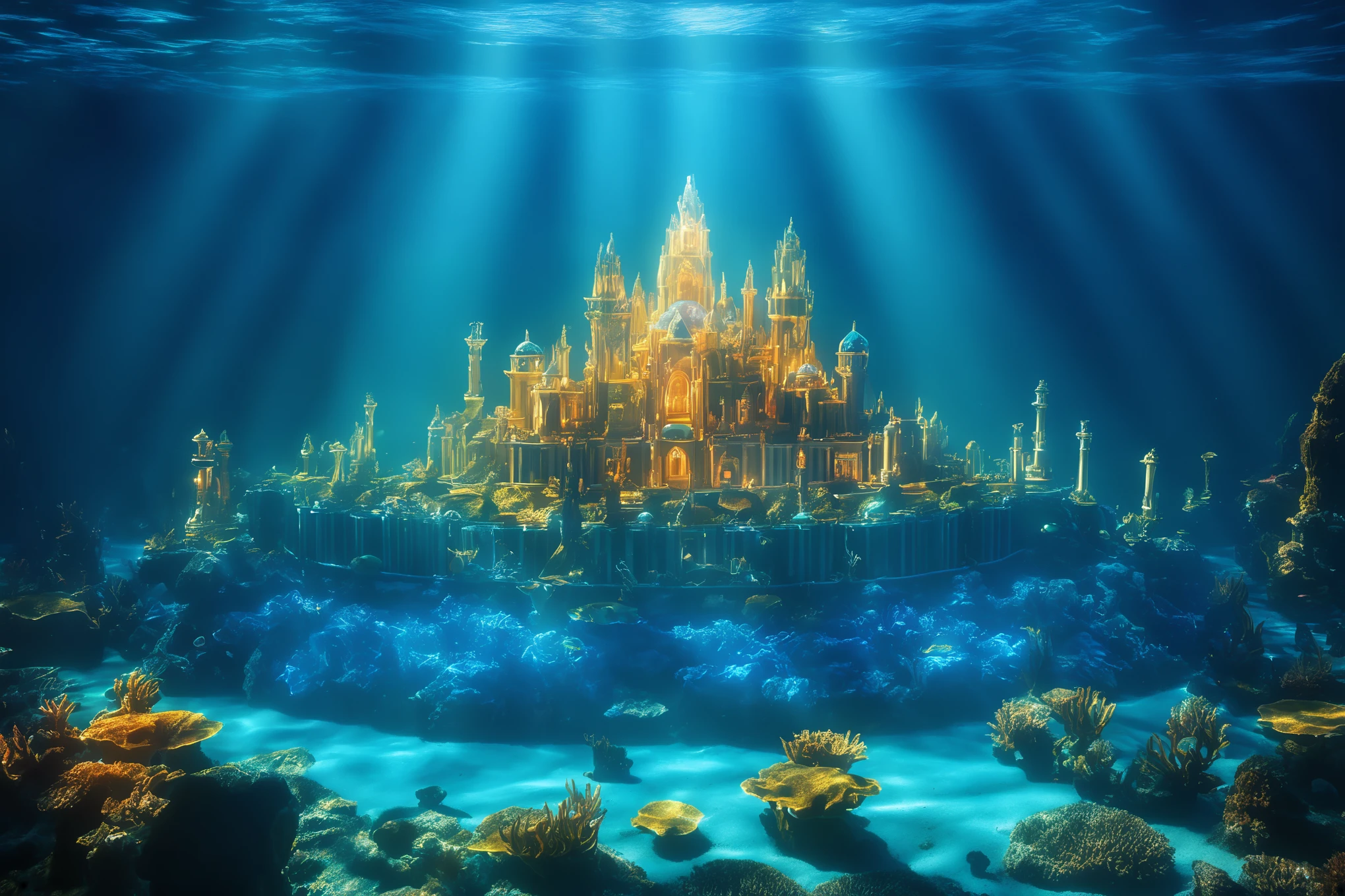 atlantis, under water, masterpiece, panorama, depth of field, cinematic lighting, glowing light, god rays, ray tracing, reflection light, backlighting, bloom, UHD, retina, masterpiece, super detail, high details, high quality, award winning, best quality, highres, 4K, HD