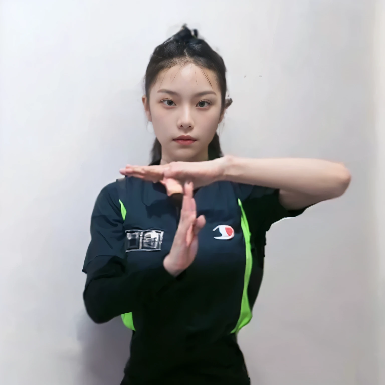 arafed woman in a black shirt and green vest making a stop sign, t pose, in the style of sifu 🔥 😎 🕹️ 👀 :2, t-pose, t - pose, shooting pose, fighting stance, hands behind her body pose!, fighting pose, martial art pose, hand gesture, hands behind her pose!, gesture, various pose