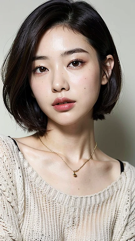 (Best quality, 8k, 32k, Masterpiece, UHD:1.2),Photo of Pretty Japanese woman, large breasts, very short bob hair,upper body,face focus,oversized_sweater, necklace, simple background, from above, looking at viewer,