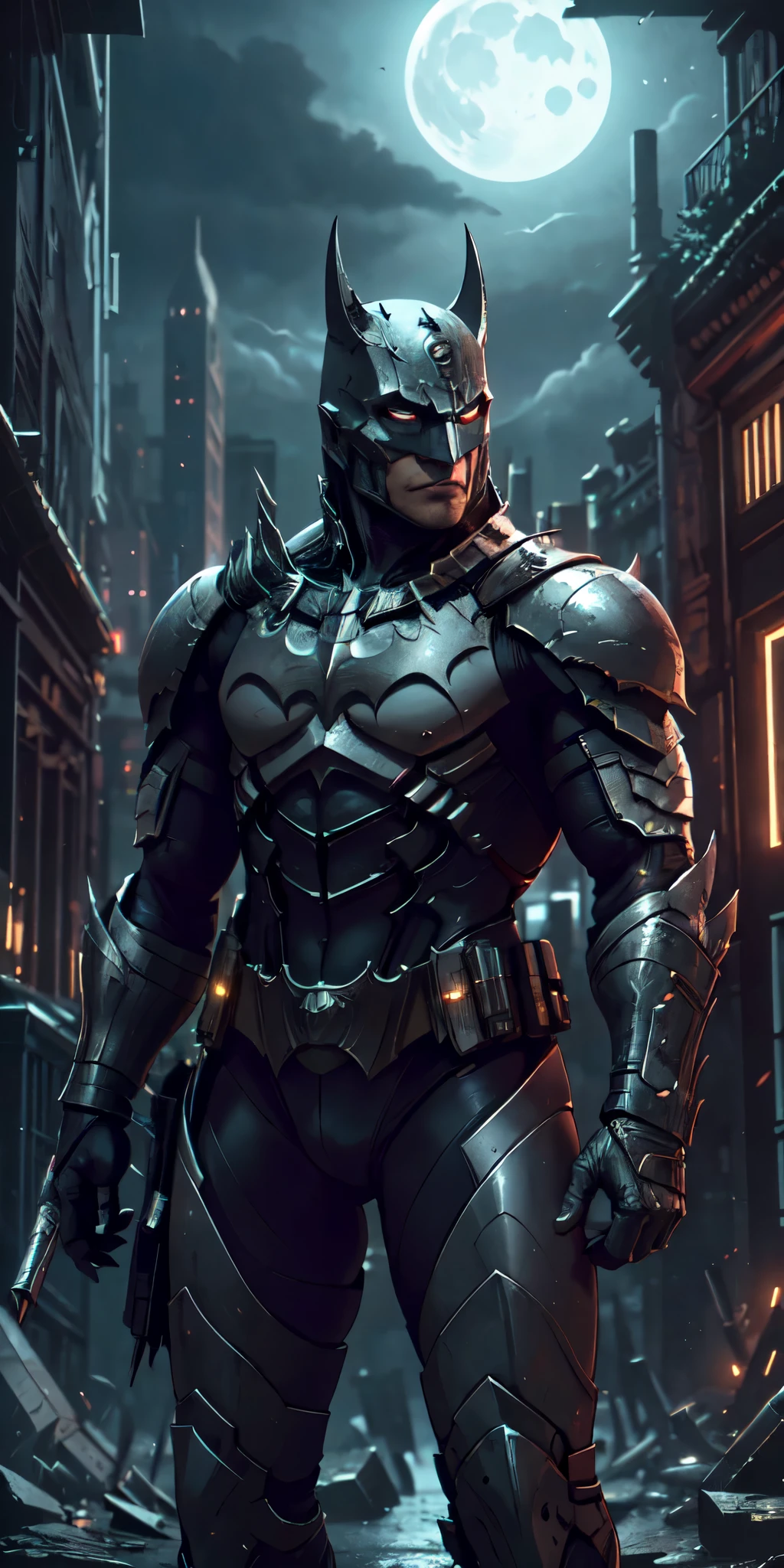 Batman from the dark knight stands imposing in a gothic lost city. Moonlight highlights your muscles and scars. The scenery is lush and mysterious, with futuristic tech and surroundings. The camera details everything, a warrior woman, in front of him.