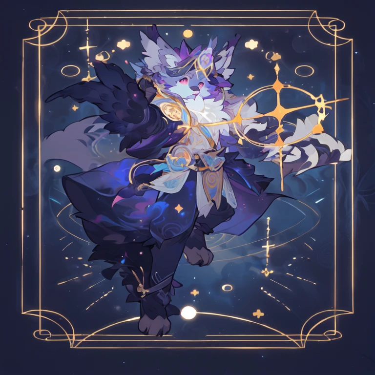 Close-up of cartoon character holding magic wand, Mysterious art style, beautiful celestial Mage, dark fox Mage, [ Tarot ]!!!!!, Astral ethereal, in mysterious style, as a Tarot, No PFP, /!\ , Star Guardian Inspired, Holding a magic wand, Thin male fantasy alchemist, Mage，Fury furry，Young people topless，gender male