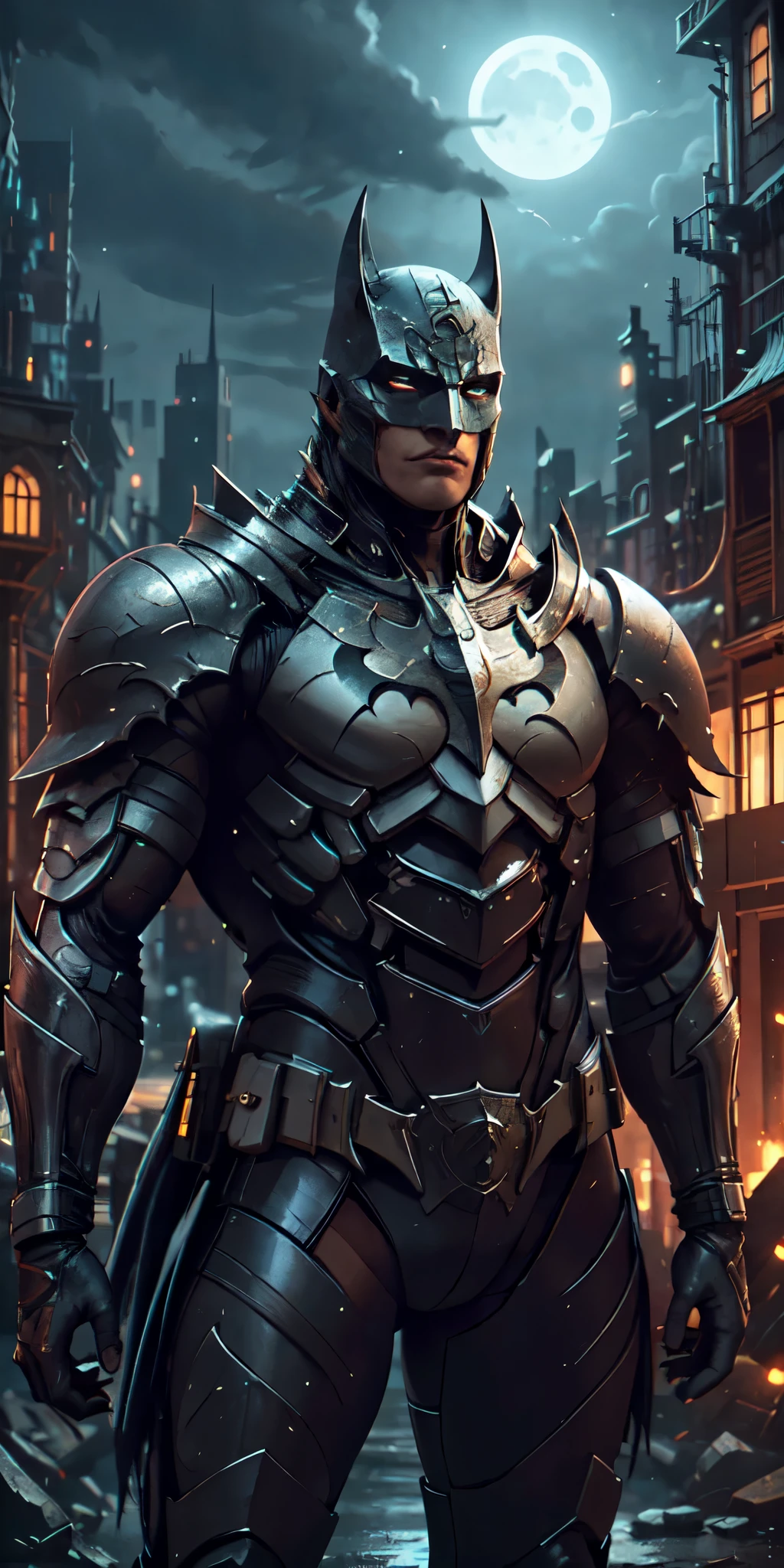 Batman from the dark knight stands imposing in a gothic lost city. Moonlight highlights your muscles and scars. The scenery is lush and mysterious, with futuristic tech and surroundings. The camera details everything, a warrior woman, in front of him.