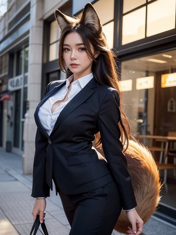 ((highest quality)), ((masterpiece)), (Get used to it), public, Perfect Face, Fox Girl, Beautiful woman, She has a fluffy fox tail, She wags her tail, Troubled face, Collars and Leads, She is wearing a business suit, Beautiful Hips, Big tail, A tail sticking out from a business suit