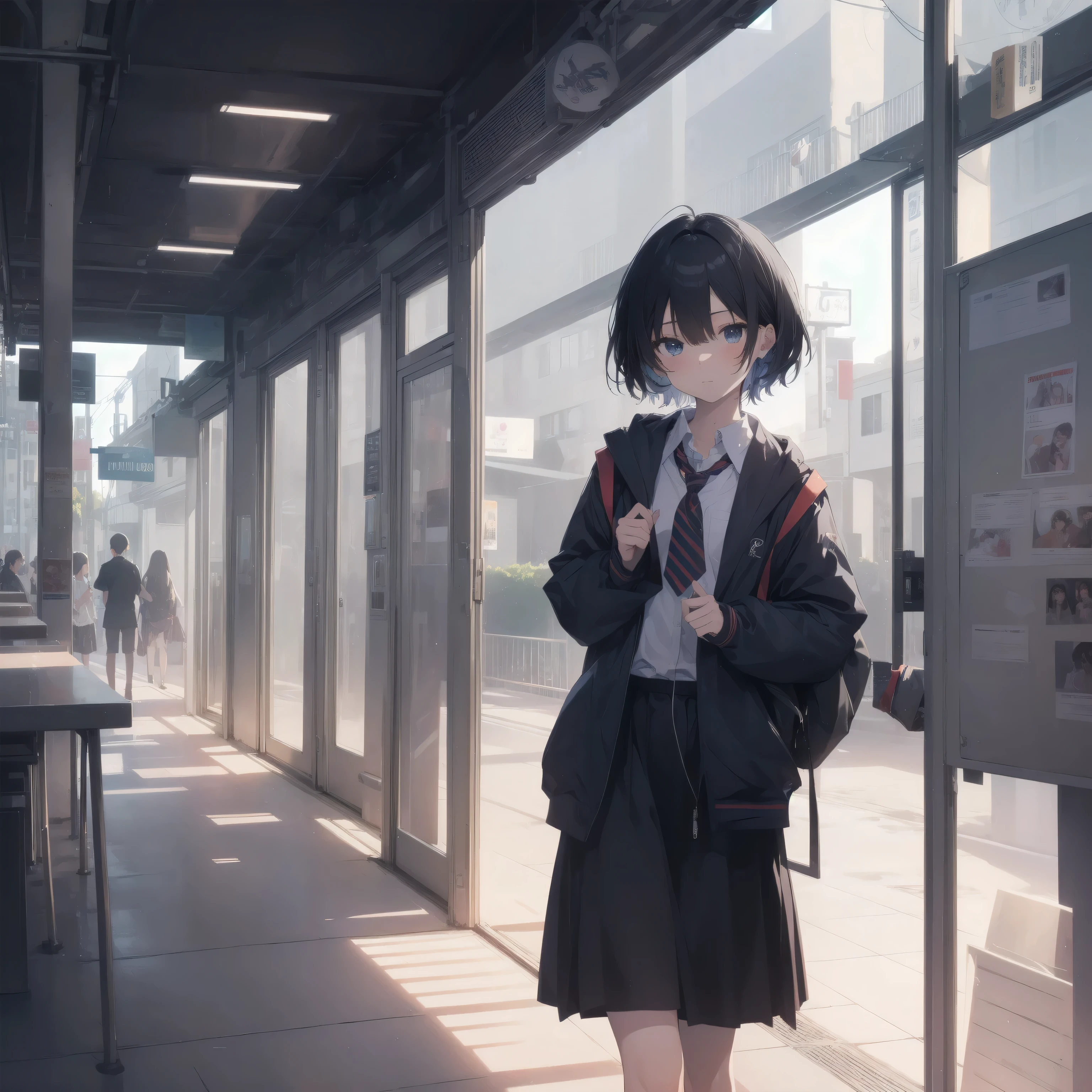 ultra-absurdres-Top quality by artist God, ultra-detailed, high resolution, anime moe artstyle, best anime 8k konachan wallpaper, pixiv contest winner,pool:2810, perfect anatomy,break, 1girl, (Please draw a girl walking sleepily to school alone. )break,(Solo,little female, 13-year-old:1.3),Full limbs, complete fingers,a junior high school student, (very short hair), short cut, flat chest, , small butt, small black eyes, beautiful detailed eyes, well-proportioned iris and pupils, expressive eyes, highres detailed hair, soft expression, school_uniform, official_alternate_costume, neckerchief, collared shirt. pleated skirt,(Detailed Lighting), (Detailed background), in the School commute route. break,super detailed skin, Best cinematic lighting powered by famous artist, 8k,beauty illustration,photoshop_(medium),very aesthetic,break,((artist:hisahiko )), artist:bolze ,artist:oyari_ashito ,artist:kantoku ,