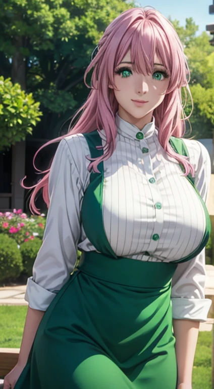 Cute girl, big breasts , long open hair, green color full sleeve clothes, white apron, green eyes and pink hair, short skirt, ultra realistic eyes , sunlight and garden background, bright purple eyes, ultra realistic detailed eyes, innocent eyes, looking at camera, beautiful smile, beautiful face ,pink color hair