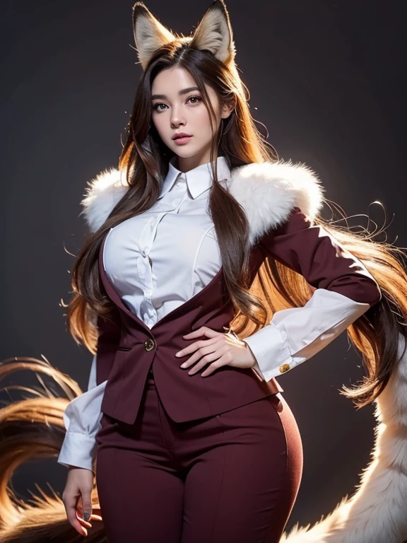 ((highest quality)), ((masterpiece)), (Get used to it), Perfect Face, Fox Girl, Beautiful woman, public, It has a fluffy tail., She has a fox's tail, She wags her tail, Troubled face, Collars and Leads, She is wearing a business suit, Beautiful Hips, Big tail, A fox's tail protruding from a business suit
