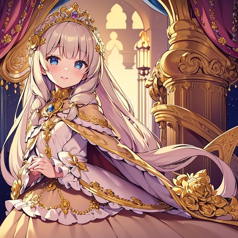 (kawaii),(best quality),(ultra detailed),(rococo style),(long train beige cape:1.15), very long cape,(long train beige ball gown with flower decorations), a girl is wearing a cape over her gown, 1 little princess, tiara with blue jewelry, smile, very long hair, small breasts, beautiful detailed eyes, beautiful detailed lips