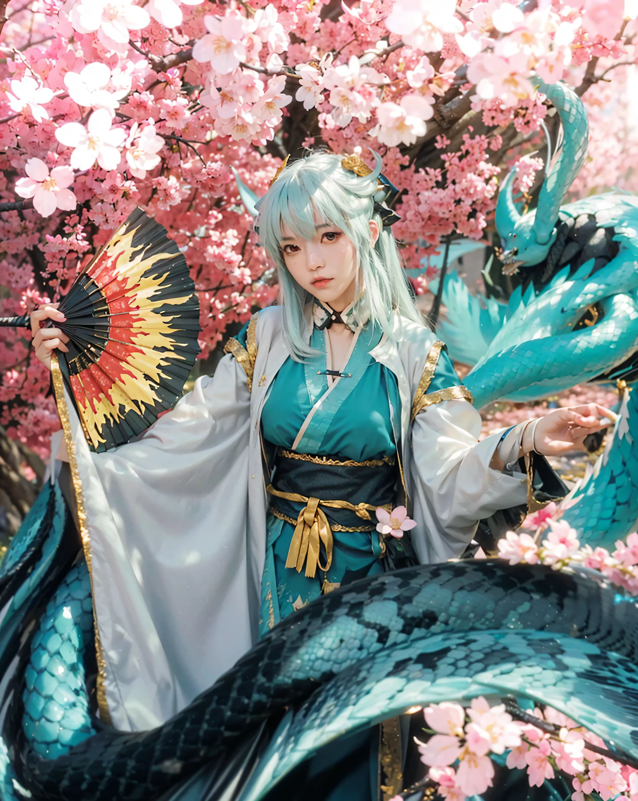 (KIYOHIME_FATE GRAND ORDER),((realistic, photorealistic)),(highlight hair)), Light reflection, (( HD )),((upper body)), (((best quality, masterpiece))), (masterpiece) (best quality) (detail) (8k) (HDR) (wallpaper) (cinematic lighting) (sharp focuasterpiece, best quality: 1.1), Real life adaption of this character, Asian teen beauty face, Shining Purple eyes, realistic outfit, realistic shadow, realistic light, realism, hyper realistic, realistic background,(photorealistic:1.2), 1girls,Background of cherry blossom trees, dragon snake coiled body, dragon snake scales, holding fan kiyohime Fate Grand order,Sakura foreground blur, smoke spirit mist, glowing fan, glowing dragon snake eyes, detailed dragon snake head, flying cherry blossoms,Motion blur of coiled snake, Motion blur of cherry blossoms flying,Scales coming off, blurred background,Cherry blossoms are flying ,Dragon snake spirit smoke