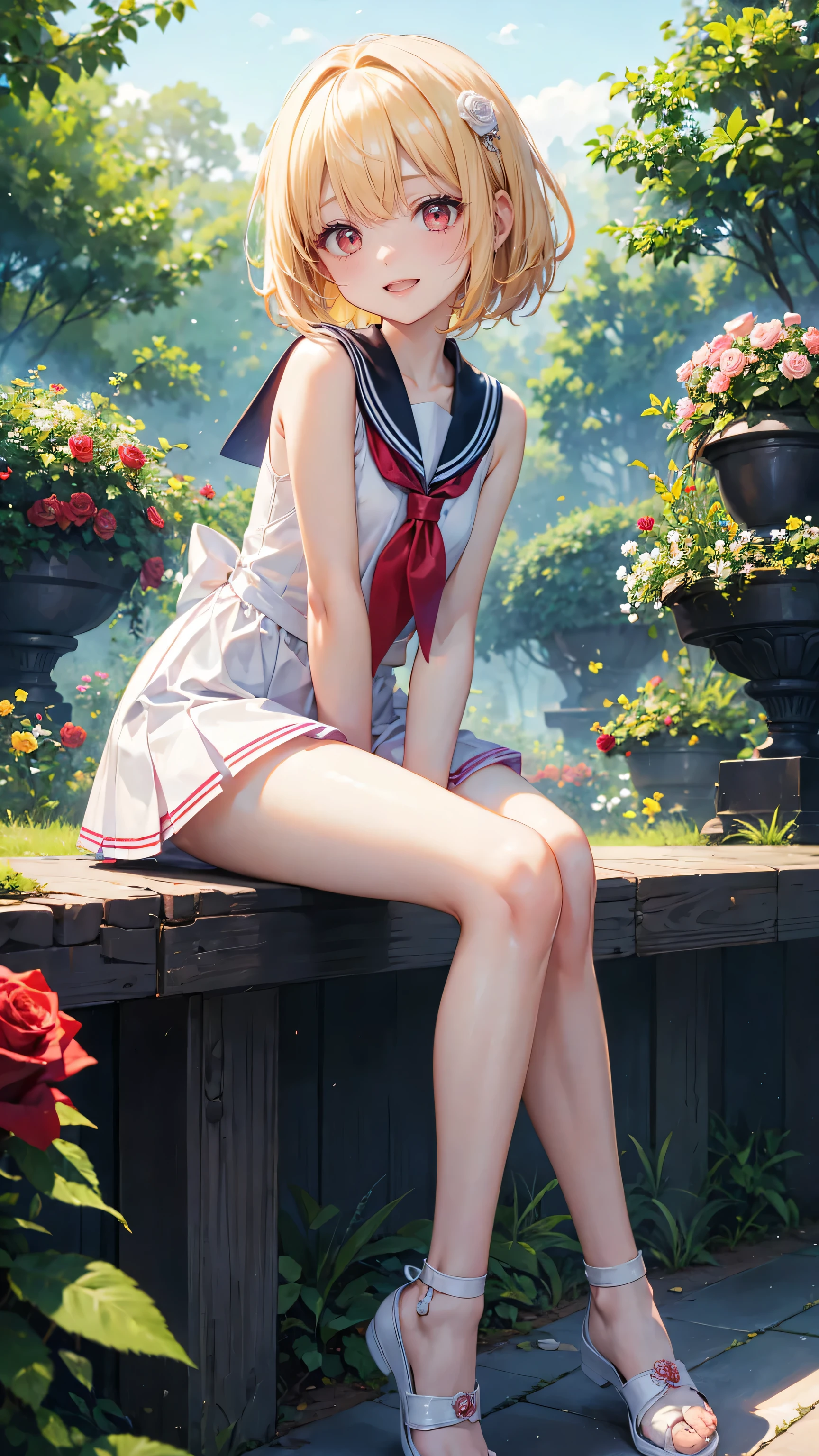 Very cute girl、(I' 8 y、light yellow hair、Shortcuts、Bangs too close to the eyes、Glowing red eyes、(Normal Human Ear)、Thin arms、Beautiful body、Thin legs、Flat Chest、Translucent white skin、Happy smile、Open your mouth、(Sleeveless sailor suit、Ultra mini skirt).(Rose Garden)、Playing innocently、Ultra HD、Digital SLR、Many colorful roses blooming in the background、Upper Body Shot、Sitting with legs crossed、Sitting with knees hugged、running、