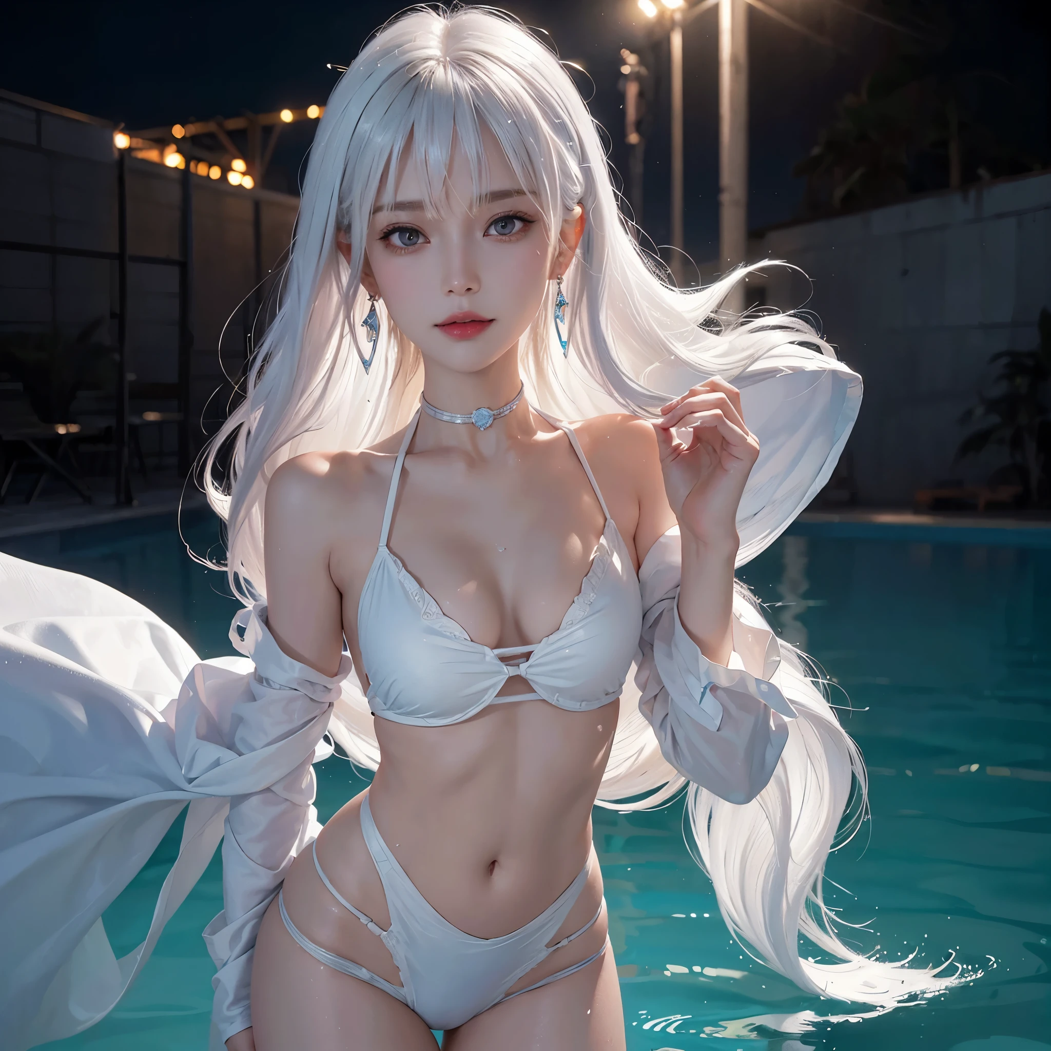 (1 Sexy Woman, Solo, White Hair, Medium Hair, Straight Hair, fringes, Wet Hair, micro bikini, Cowgirl Position:1.4), (Red Eyes, Detailed Eyes, glossy lip, Smile, Earrings, Choker:1.3), (Cowboy Shot, From Below:1.2), (The Pool At Night, Blurred Background:1.3), ((anatomically correct)), (Futuristic Portrait), (Extreme-Close-Up:1.4), Rim Lighting, Cinematic Light, Look at viewer, no futuro telhado de luz neon, SSCI - FI e Fantasia, intrincado e muito bonito e elegante, altamente detalhado, pintura digital, art-station, arte conceitual, smooth and sharp focus, illustration, Arte de Tan Zi e Ayanamikodon e Alphonse Mucha e Wlop