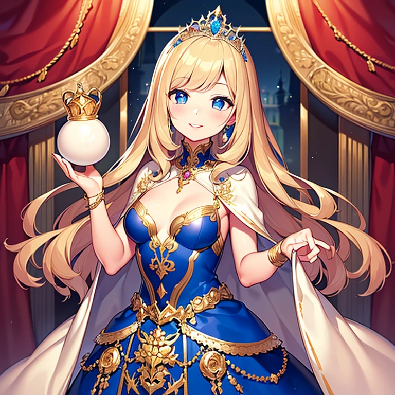 (kawaii),(best quality),(ultra detailed),(rococo style),(long train beige cape:1.15), very long cape,(long train beige ball gown with flower decorations), a girl is wearing a cape over her gown, 1 little princess, tiara with blue jewelry, smile, very long hair, small breasts, beautiful detailed eyes, beautiful detailed lips