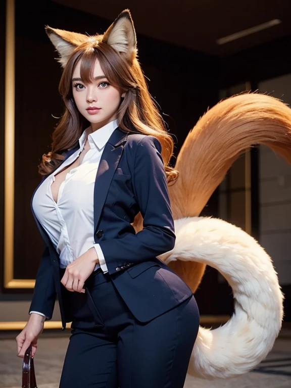 ((highest quality)), ((masterpiece)), (Get used to it), Perfect Face, Fox Girl, Beautiful woman, public, It has a fluffy tail., She has a fox's tail, She wags her tail, Troubled face, Collars and Leads, She is wearing a business suit, Beautiful Hips, Big tail, A fox's tail protruding from a business suit