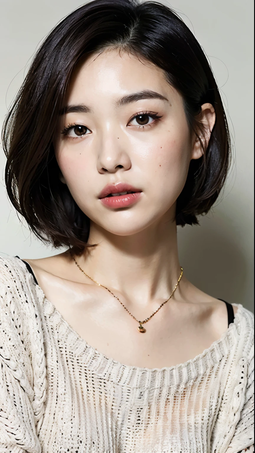 (Best quality, 8k, 32k, Masterpiece, UHD:1.2),Photo of Pretty Japanese woman, large breasts, very short bob hair,upper body,face focus,oversized_sweater, necklace, simple background, from above, looking at viewer,