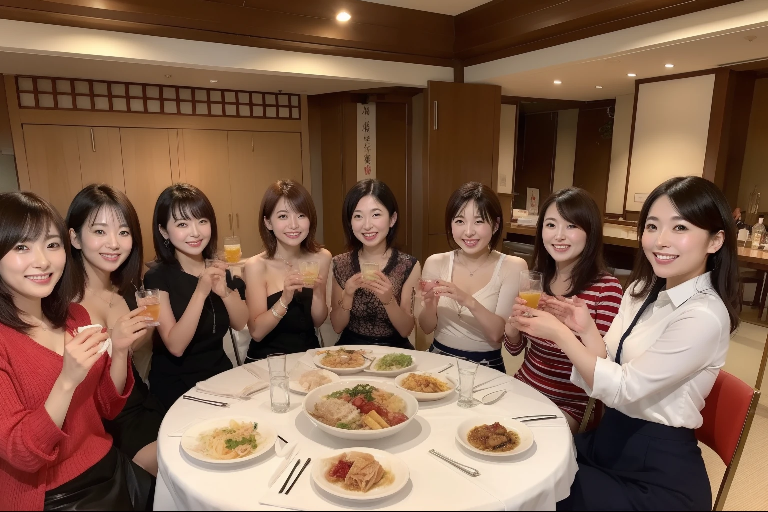 ((highest quality, 8k, Representative works in detail, Ultra-high resolution)), (Group photo of women), (Looking at the audience), (Mid Shot:), 魅力的なビジネスウーマン5-people、women only: 5-people, A little chubby:0.25,Stylish woman、Japanese、Age 25、30 years old、38 years old、Japaneseの女性、A gathering of office ladies celebrating the New Year、Draw a picture of a Japanese private restaurant,A mix of laughter and cheers.,Vibrant。There are various kinds of dishes on the table.々There are a variety of dishes on offer.々There are a variety of delicious dishes,A photo of everyone eating and chatting、Happy expression、mini skirt、