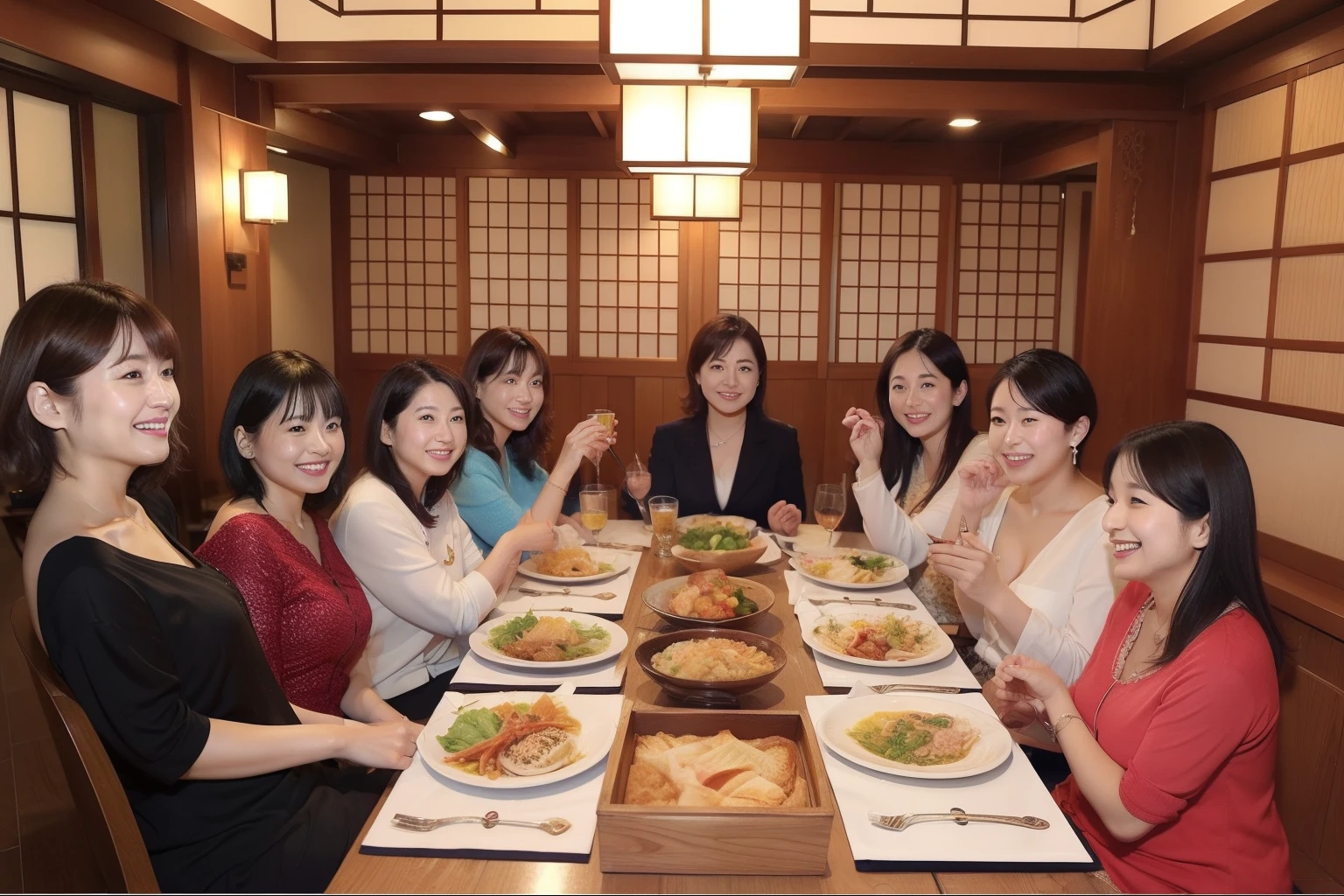 ((highest quality, 8k, Representative works in detail, Ultra-high resolution)), (Group photo of women), (Looking at the audience), (Mid Shot:), 魅力的なビジネスウーマン5-people、women only: 5-people, A little chubby:0.25,Stylish woman、Japanese、Age 25、30 years old、38 years old、Japaneseの女性、A gathering of office ladies celebrating the New Year、Draw a picture of a Japanese private restaurant,A mix of laughter and cheers.,Vibrant。There are various kinds of dishes on the table.々There are a variety of dishes on offer.々There are a variety of delicious dishes,A photo of everyone eating and chatting、Happy expression、mini skirt、