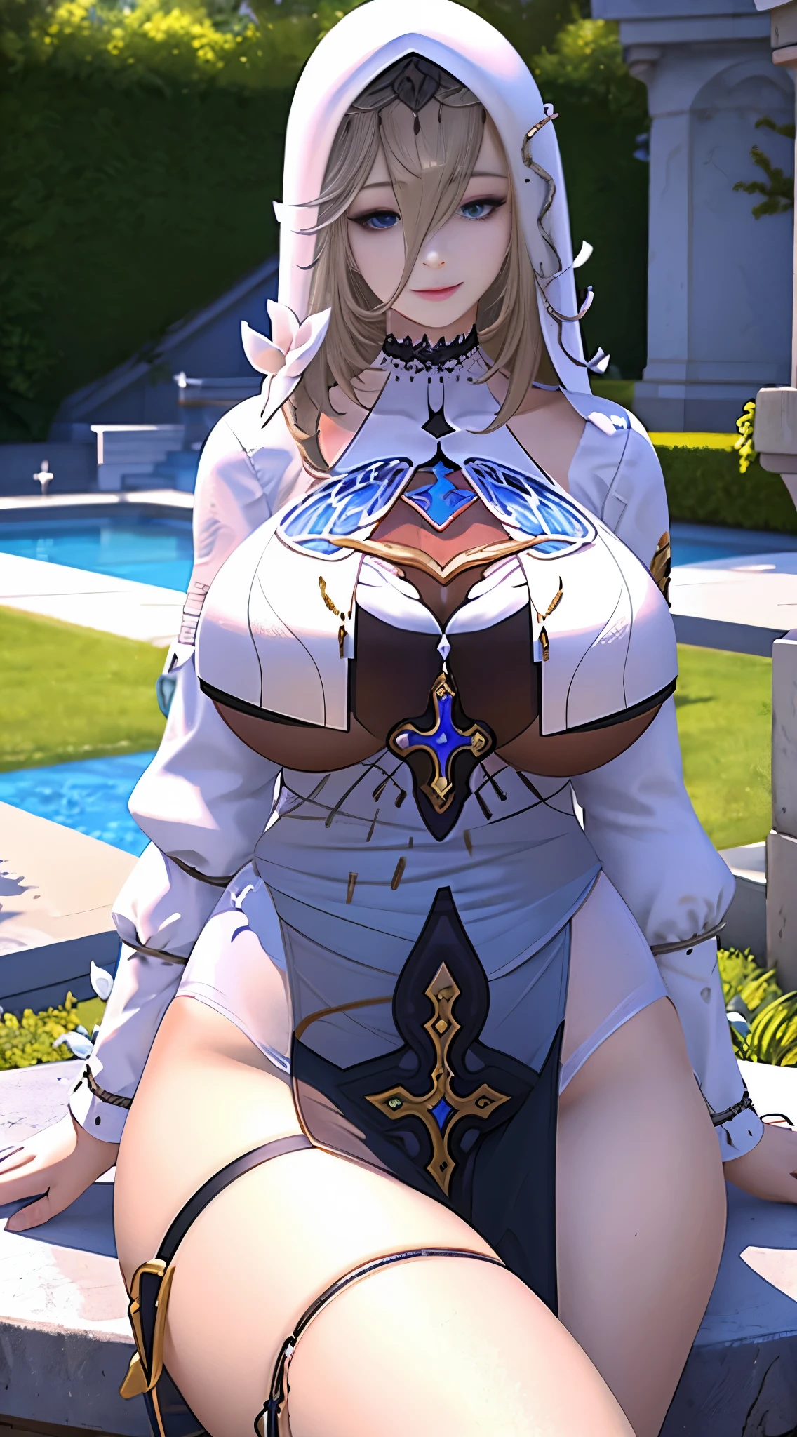 Aponiadef, sitting on a beautiful lawn, full of flowers, looking at the viewer, and smiling, while extending her hand to the viewer, she has big breasts, athletic body, light blond hair, dark blue eyes, wears a nun's outfit with golden adornments.