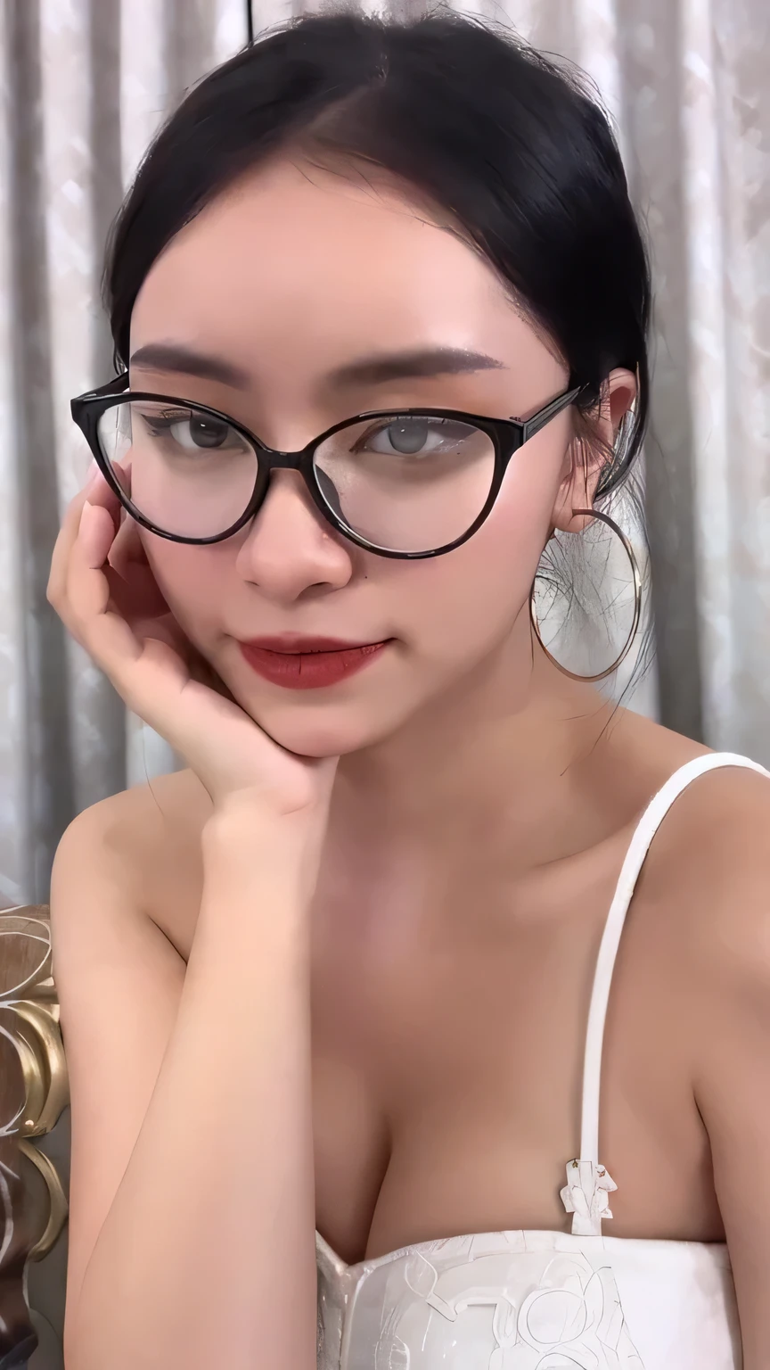 ((Highest quality, Tabletop, Ultra-high resolution、The most complex and detailed depiction))、(Long Wavy Hair:1.05), (Accurate anatomy:1.1)、Glasses、Colored contact lenses、Perfect Makeup、Long eyelashes、lipstick、Highly saturated eyeshadow、(Please wear purple lingerie.)、(Big and ample breasts:1.1)、Look at me and smile、Luxurious Room (Face close-up:1.1)、(Ultra-high resolution gloss, Wheat peel:1.1)、Ultra-high resolutionの顔、Ultra-high resolutionの髪、Ultra-high resolution sparkling eyes、Ultra-high resolution glossy lips、Beautiful face drawn in every detail、Ultra-high resolution perfect beautiful teeth、(very bright and vivid:1.1) ,Fit your body within the entire frame, Model body type