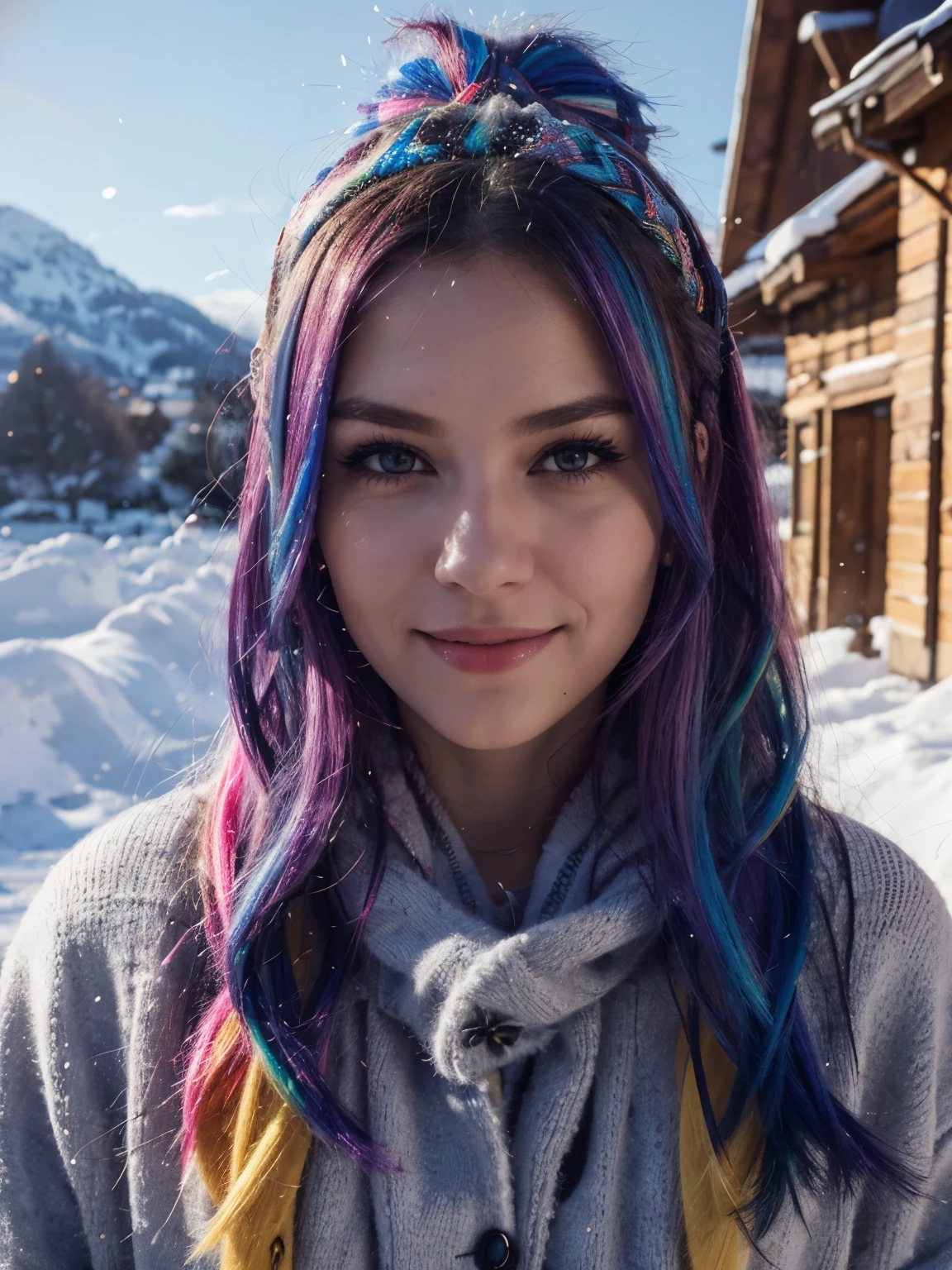 girl, 20 Jahre alt, lange rote Haare, Sommersprossen, hair bobbles, wince, longeyelashes,  light smile, fang, rainbow hair, Partygirl, Surrealism, drop shadow, anaglyph, stereogram, tachi-e, pov, atmospheric perspective, high detail, 8k, super detail, ccurate, best quality, Winter Holiday, Snow, (Winter clothes),  [after ski]