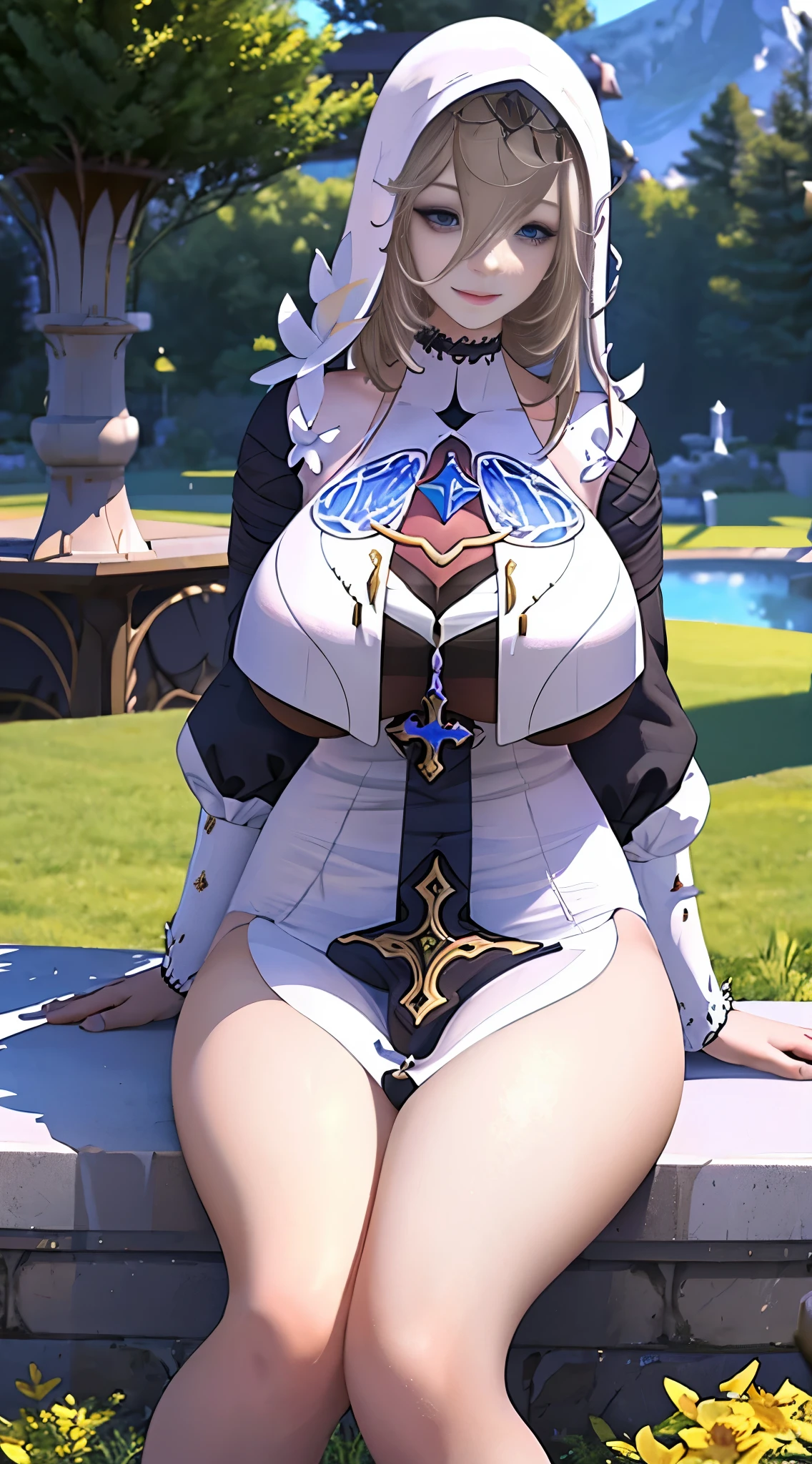 Aponiadef, sitting on a beautiful lawn, full of flowers, looking at the viewer, and smiling, while extending her hand to the viewer, she has big breasts, athletic body, light blond hair, dark blue eyes, wears a nun's outfit with golden adornments.