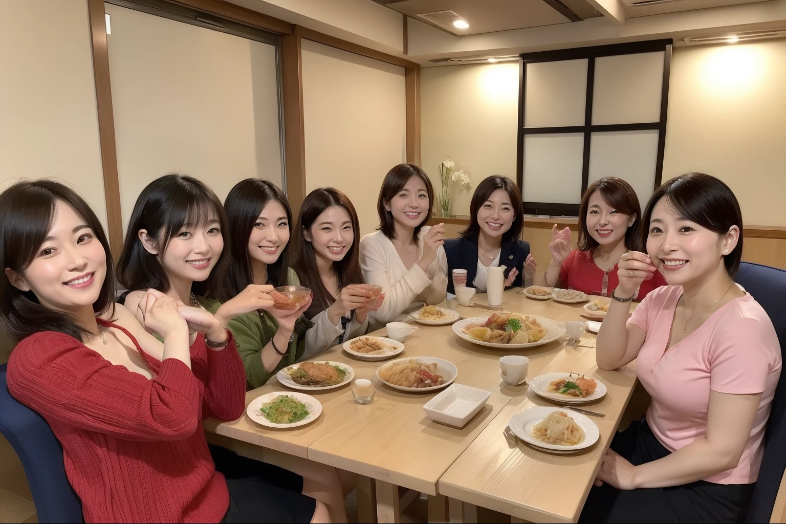 ((highest quality, 8k, Representative works in detail, Ultra-high resolution)), (Group photo of women), (Looking at the audience), (Mid Shot:), 魅力的なビジネスウーマン5-people、women only: 5-people, A little chubby:0.25,Stylish woman、Japanese、Age 25、30 years old、38 years old、Japaneseの女性、A gathering of office ladies celebrating the New Year、Draw a picture of a Japanese private restaurant，A mix of laughter and cheers.，Vibrant。There are various kinds of dishes on the table.々There are a variety of dishes on offer.々There are a variety of delicious dishes，A photo of everyone eating and chatting、Happy expression、mini skirt、