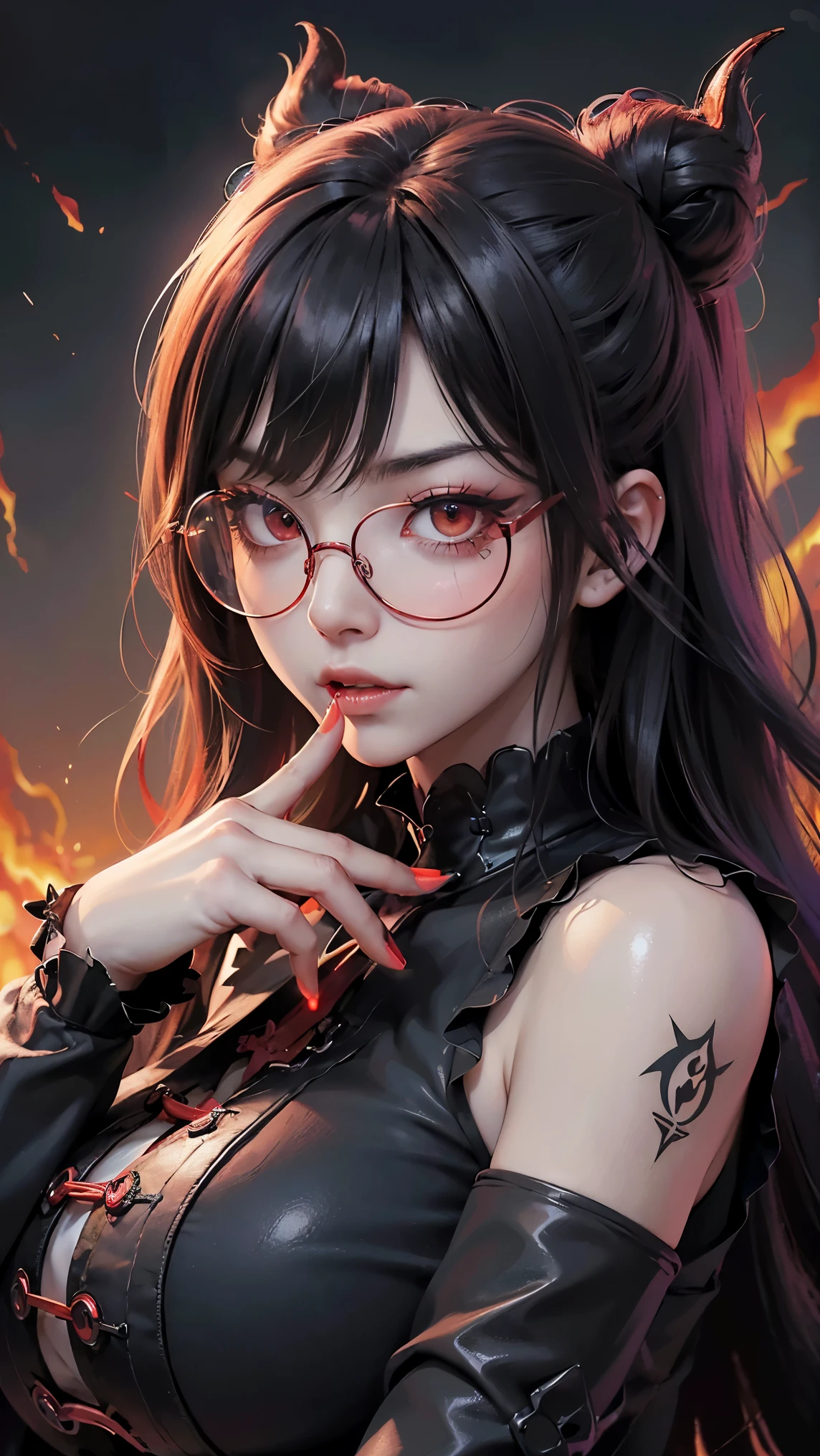 (highest quality,High resolution:1.2),(dark,Threatening:1.1),(Bad luckな:1.1),(devil,Satan,Lucifer:1.1),(devilish:1.1),(Bad luck,Bad luckな:1.1),(Powerful figure:1.1、Big Breasts、Glasses) 、 ((((Huge glasses, Nerd Glasses, thick glasses, Round Glasses)))),(((Big Breasts)))、(devil'tail)、(Red eyes glow:1.6)、(Red glowing eyes,Sharp teeth:1.1),(Black wings,thick,shabby:1.1),(hellish landscape:1.1),(fire,sulfur:1.1),(Threatening atmosphere:1.1),(dark shadows,Threatening presence:1.1),(Bad luck clouds,Stormy Skies:1.1),(dark,Spooky atmosphere:1.1),(Bad luck aura,Evil energy:1.1),(dark aura,cigarette:1.1),(intense heat,Burning Flames:1.1),(Surreal,Nightmare Visions:1.1),(Predicting the end:1.1),(Twisted corners,Fiery crown:1.1),(Bad luck whispers,devilish laughter:1.1),(Cry of pain,echoing screams:1.1),(Bad luck symbols,Ancient runes:1.1),(Mysterious Relic,dark artifacts:1.1),(Infernal Ritual,Ritual sacrifice:1.1),(devilish minions,creatures of darkness:1.1),(Desolate,Barren Wilderness:1.1),(University of the Soul,Suffering Soul:1.1),(Eternal Damnation,A hopeless existence:1.1),(The Last Autumn,The world was in chaos.:1.1),(malicious presence,darkness personified:1.1),(Entrance to the underworld,Nightmare Realm:1.1), got it, Beautiful and delicate face, got it?, Beautiful and delicate eyes, perfectly balanced face, High resolutionスキン, Fine skin, Optimal ratio of four fingers to one thumb, Place your arms under your chest, Red tattoo on lower abdomen、oh!, Wide Hips, Smooth abdomen, thin, Pale skin, __fashion__, __hair__:1.25)、Digital single-lens reflex camera、 Absurd、(Tabletop: 1.3), (Maximum resolution: 1.2), (Ultra HDTV: 1.2), Cinematic Light, Beautiful Eyes and skin, detailed facial features, , (Sharp focus: 1.2), (Focus on the face:1.2),Perfect Style, Beautiful Face, Acura, Anatomically correct, Highly detailed face and skin texture, Beautiful Eyes, double eyelid, thin eyebrows, Glitter Eyeliner: one cheek, Glowing Skin, Fair skin: 1.2, (Glossy Lips: