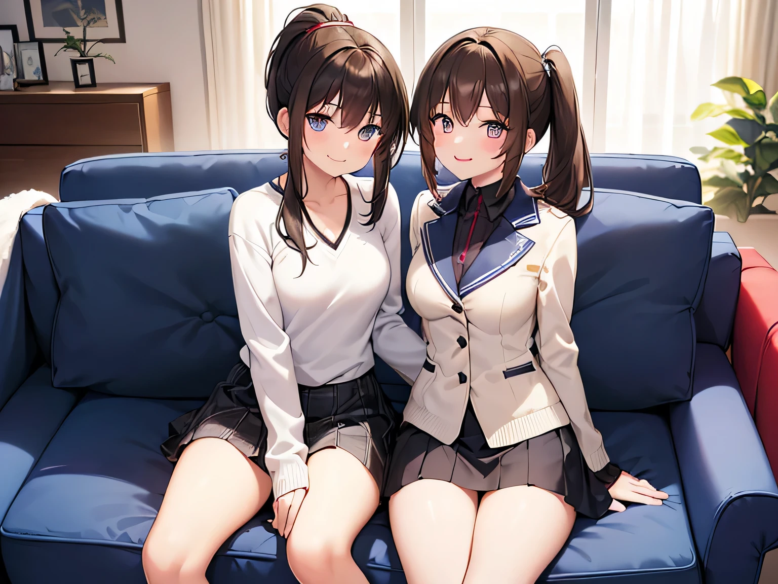 (Masterpiece, top quality, high resolution, realistic photo, realistic looking skin:1.1),
(Two women are sitting on a sofa in an apartment living room:1.8),
(The women have provocative, grinning, smiling expressions:1.5),
(Their skirts are so short you can almost see their panties:1.5),
(The first woman is 23 years old, mature looking, dressed in a white long-sleeved v-neck knit and navy blue mini skirt, wearing white high socks, with medium brown hair:1.8),
(The second female is an 18-year-old high school student wearing a high  blazer and mini-skirt attire with navy blue high socks and black hair in a medium ponytail:1.8),
(Located on a sofa in the living room of an apartment:1.5),
Full-bodied esbian, beautiful eyes, glowing eyes, glowing thighs, NSFW.