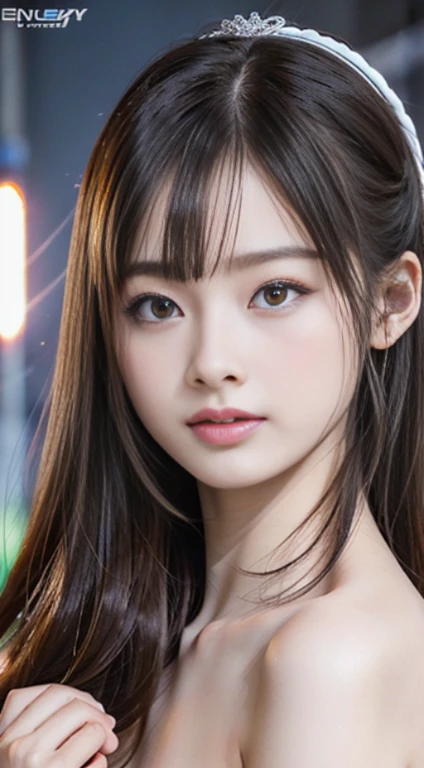 Masterpiece, 1 Beautiful Girl, Detailed, Swollen Eyes, Top Quality, Ultra High Resolution, (Reality: 1.4), Original Photo, 1Girl, Cinematic Lighting, Smiling, Japanese, Asian Beauty, Korean, Clean, Super Beautiful, Little Young Face, Beautiful Skin, Slender, Cyberpunk Background, (ultra realistic), (high resolution), (8K), (very detailed), (best illustration), (beautifully detailed eyes), (super detailed), (wallpaper), (detailed face), viewer looking, fine detail, detailed face, pureerosfaceace_v1, smiling, 46 point slanted bangs, looking straight ahead, neat clothes, dark colored eyes, clothes sleeveless, body facing front,