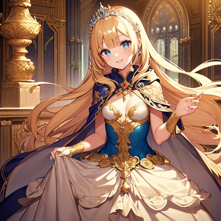 (kawaii),(best quality),(ultra detailed),(rococo style),(long train beige cape:1.15), very long cape,(long train beige ball gown with flower decorations), a girl is wearing a cape over her gown, 1 little princess, tiara with blue jewelry, smile, very long hair, small breasts, beautiful detailed eyes, beautiful detailed lips