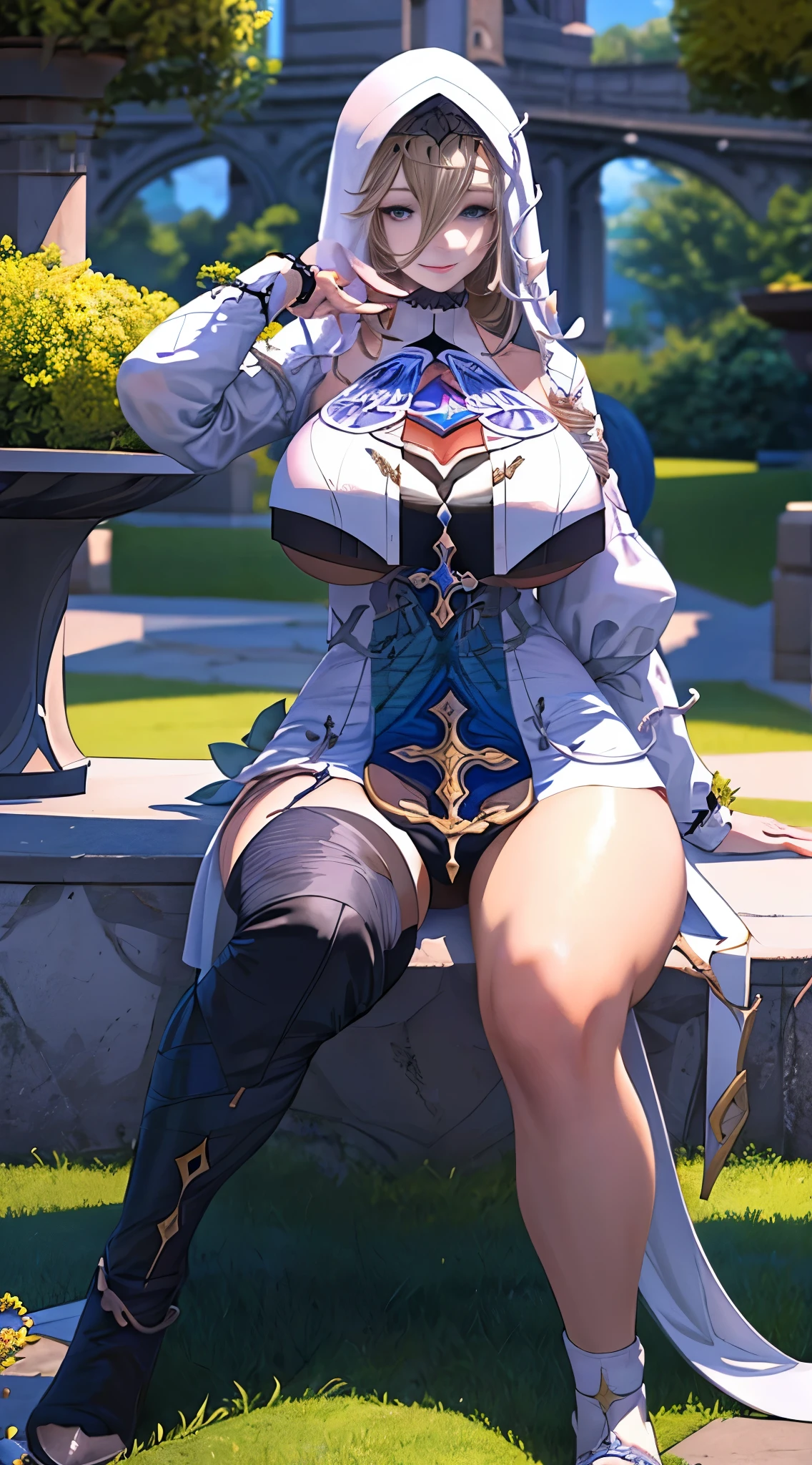 Aponiadef, sitting on a beautiful lawn, full of flowers, looking at the viewer, and smiling, while extending her hand to the viewer, she has big breasts, athletic body, light blond hair, dark blue eyes, wears a nun's outfit with golden adornments.