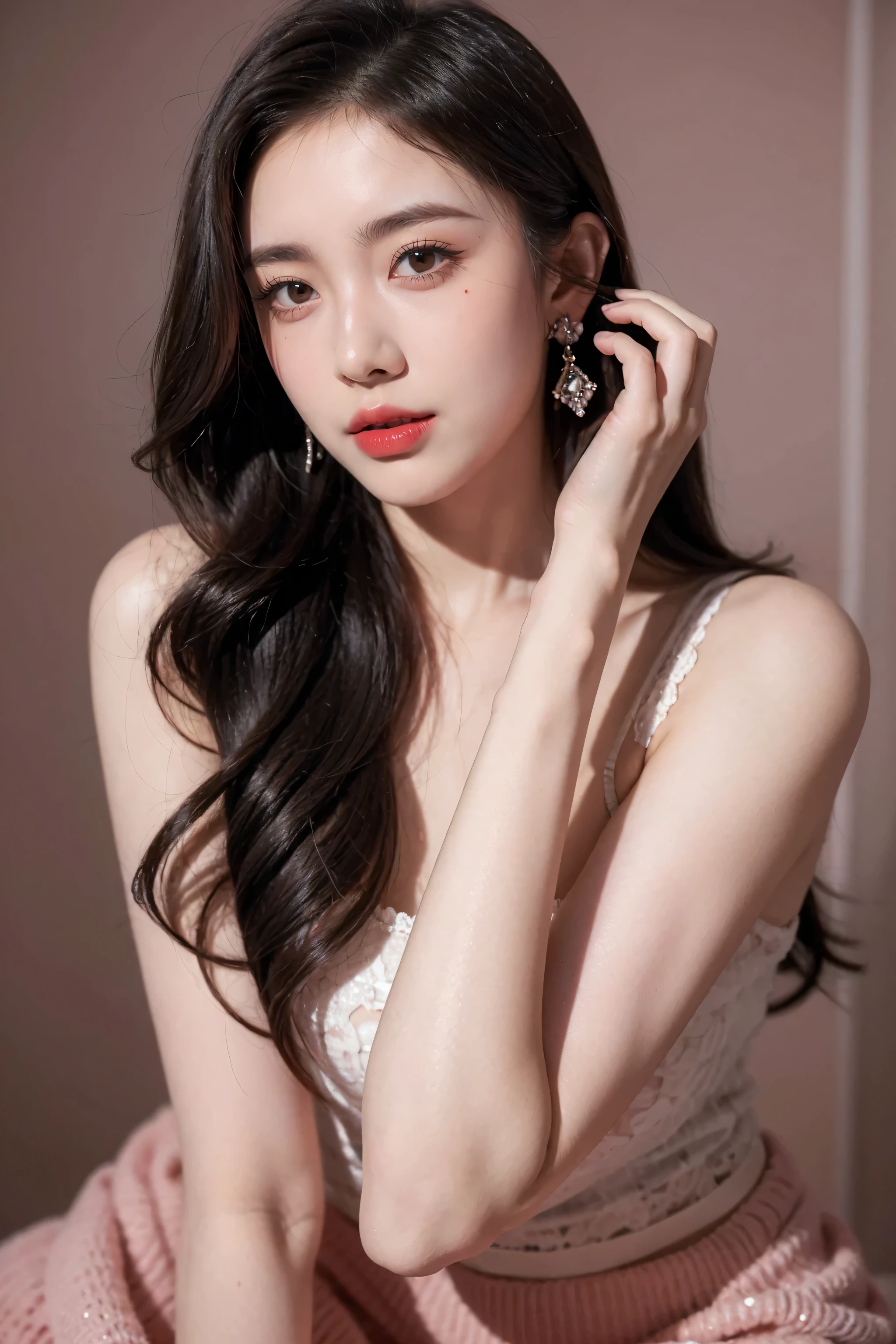 Top CG, Highest image quality, masterpiece, Gentle and beautiful girl, (185cm美女), (fit), Imperial sister, Queen temperament, White skin, ((Long legs)), perfect facial features, Bright Eyes, Seductive pose, Red lips, Beautiful and cold (A major breakthrough)), Beautiful and heroic, Soft and long hair, Glittering, Lace, net, Visible through clear skin, wear glasses, Diamond Earrings, Pink skirt), 8K Image Quality, (Realistic Portraits), Characters fill the screen, (Facial lighting), ((eternal)