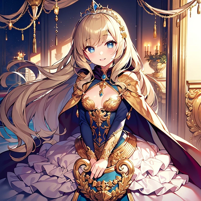 (kawaii),(best quality),(ultra detailed),(rococo style),(long train beige cape:1.15), very long cape,(long train beige ball gown with flower decorations), a girl is wearing a cape over her gown, 1 little princess, tiara with blue jewelry, smile, very long hair, small breasts, beautiful detailed eyes, beautiful detailed lips