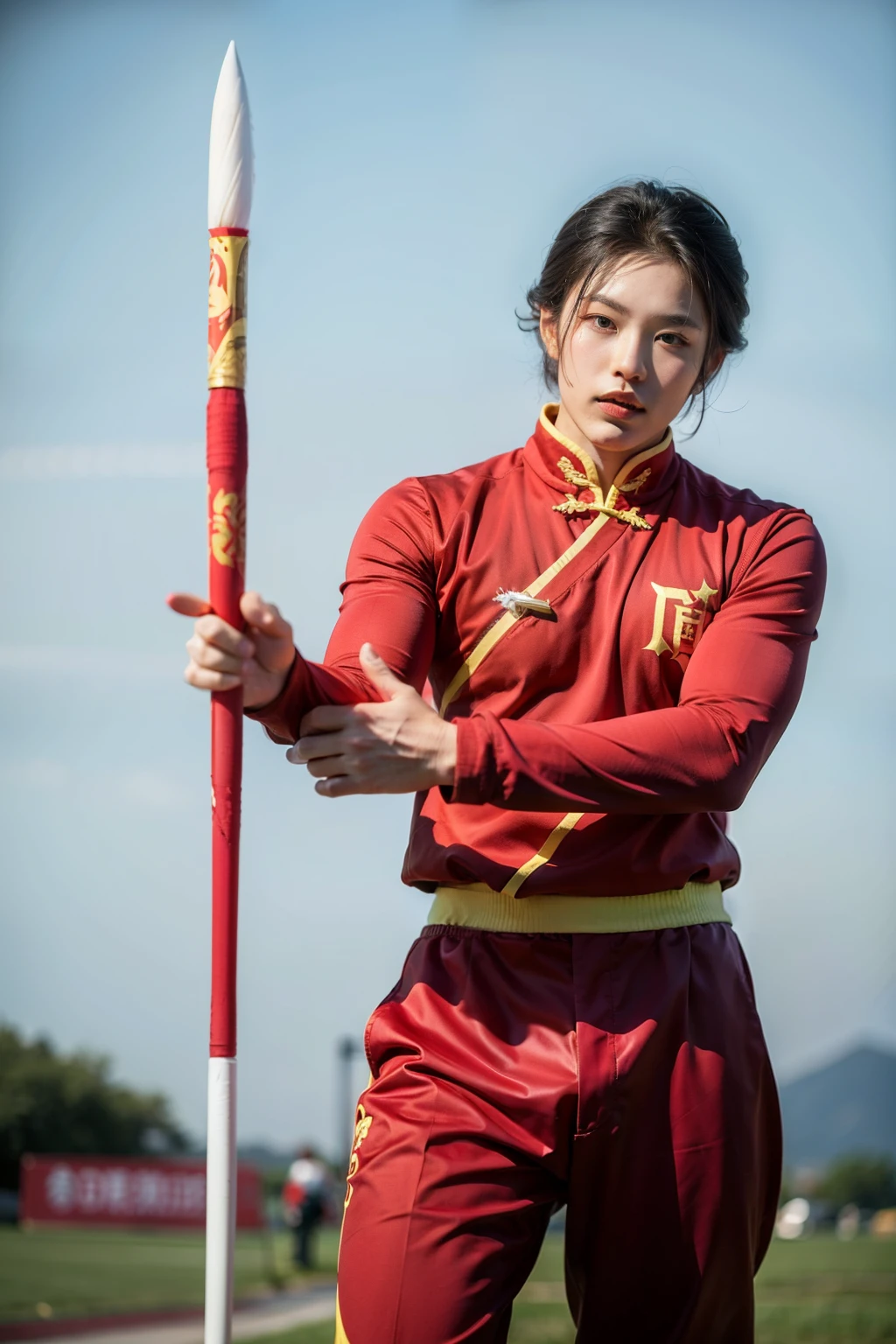 boy,Holding a javelin,Chinese red clothes,Cold