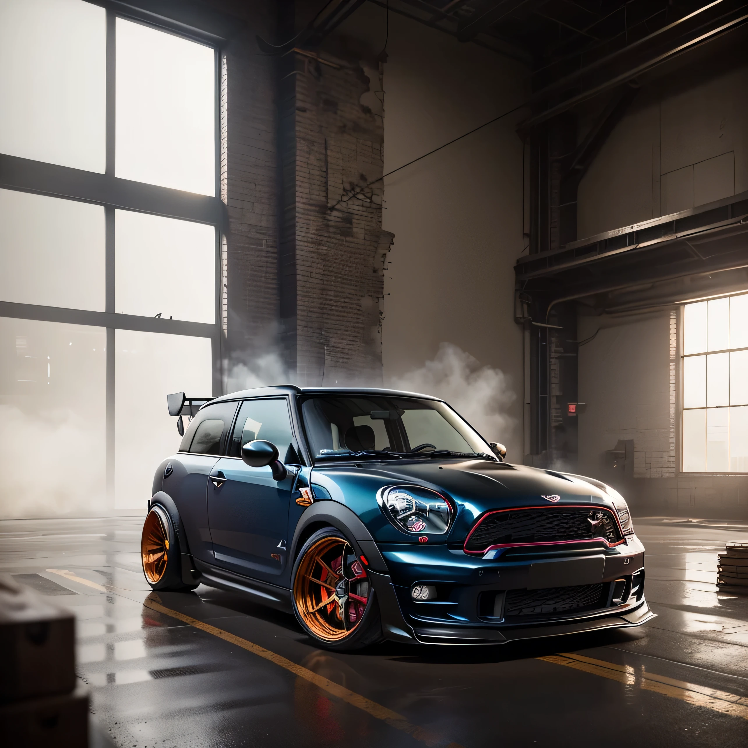 purple Classic Mini Countryman, ((carbon fibre, Liberty walk ultra wide body kit)), aggressive stance ((background: inside old industrial style building, large windows in background, overcast sky, heavy industrial look, cobble stone street)), 8K quality, realistic, realism, sharp, detailed, ultrawide, black and carbon fibre and deep candy apple red scheme, front profile, epic stance, epic ultra wide body kit, super low stance, aggressive looks